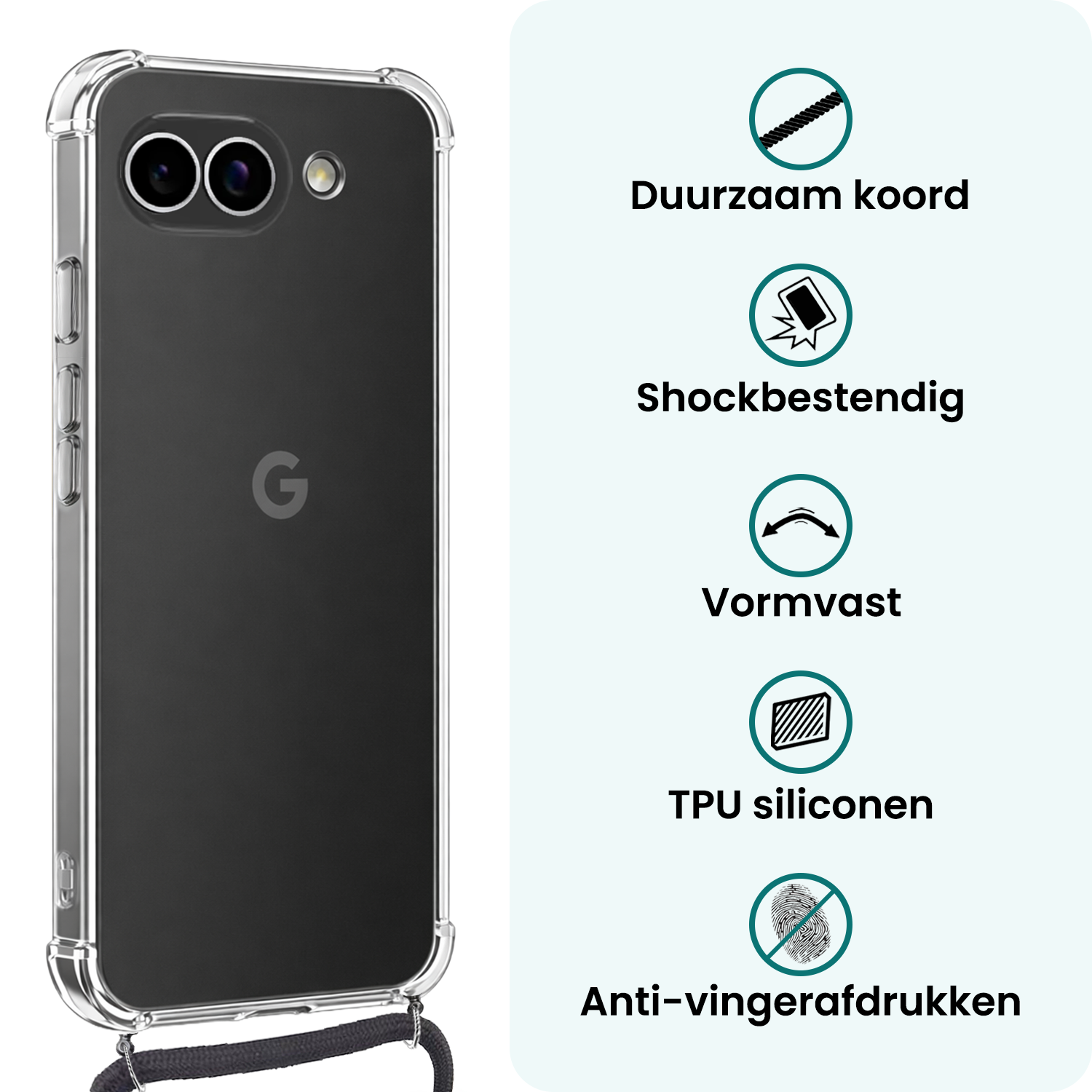 Forterra Forterra Google Pixel 9a Hoesje Transparant Shockproof Met Zwart Koord