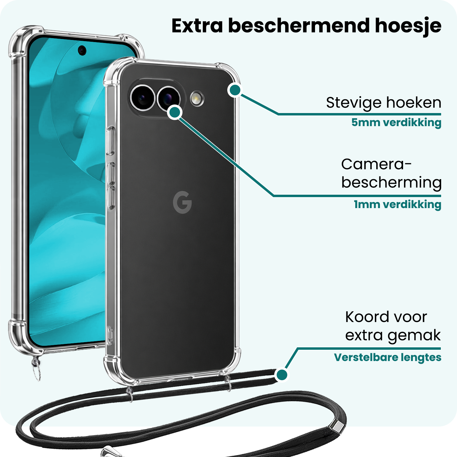 Forterra Forterra Google Pixel 9a Hoesje Transparant Shockproof Met Zwart Koord