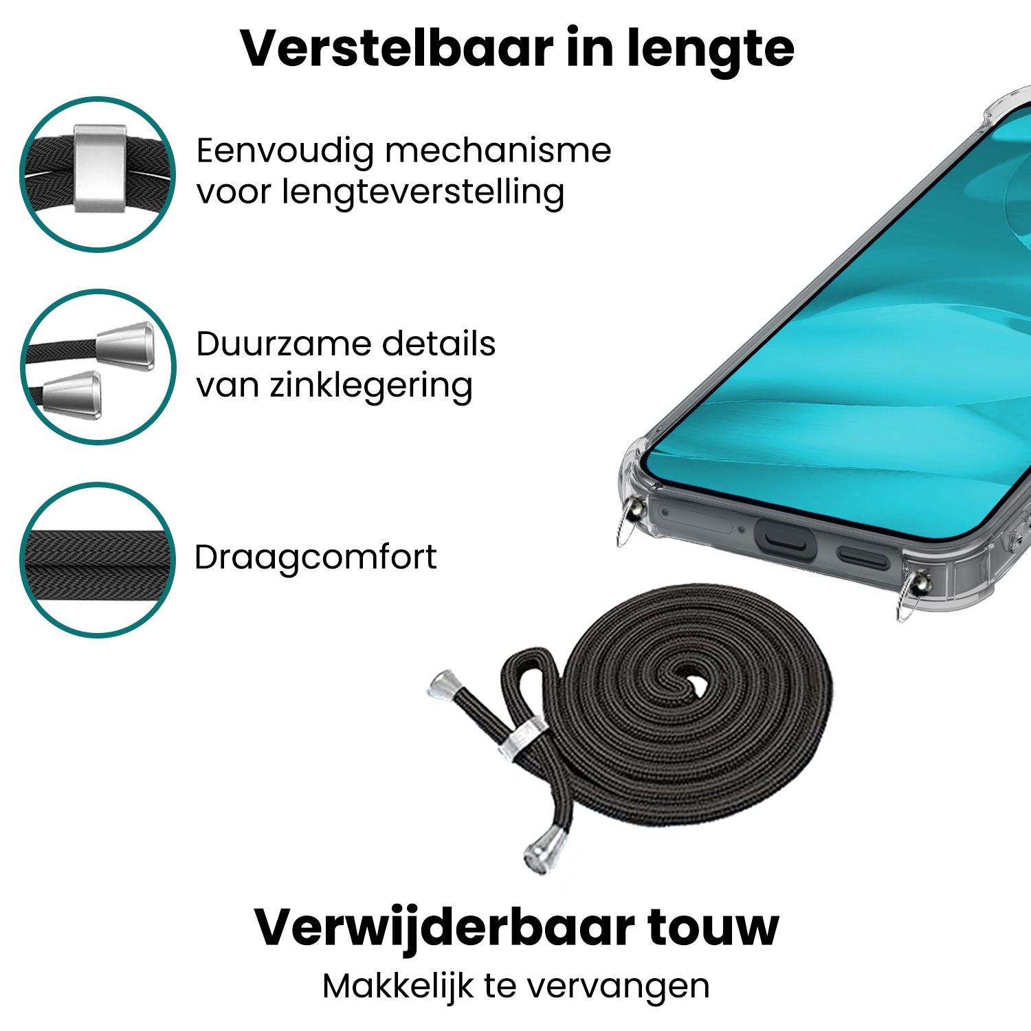Forterra Forterra Google Pixel 9a Hoesje Transparant Shockproof Met Zwart Koord