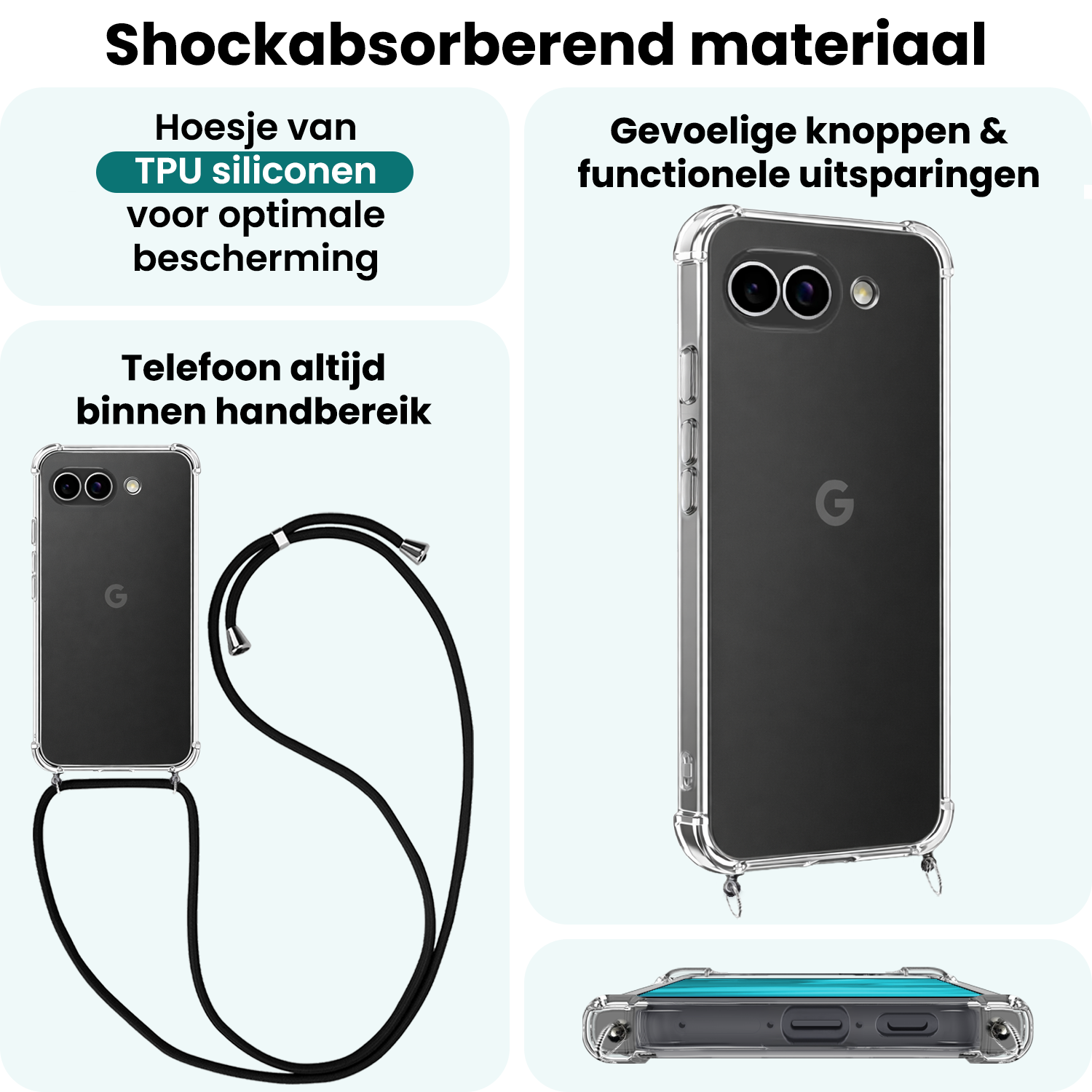 Forterra Forterra Google Pixel 9a Hoesje Transparant Shockproof Met Zwart Koord