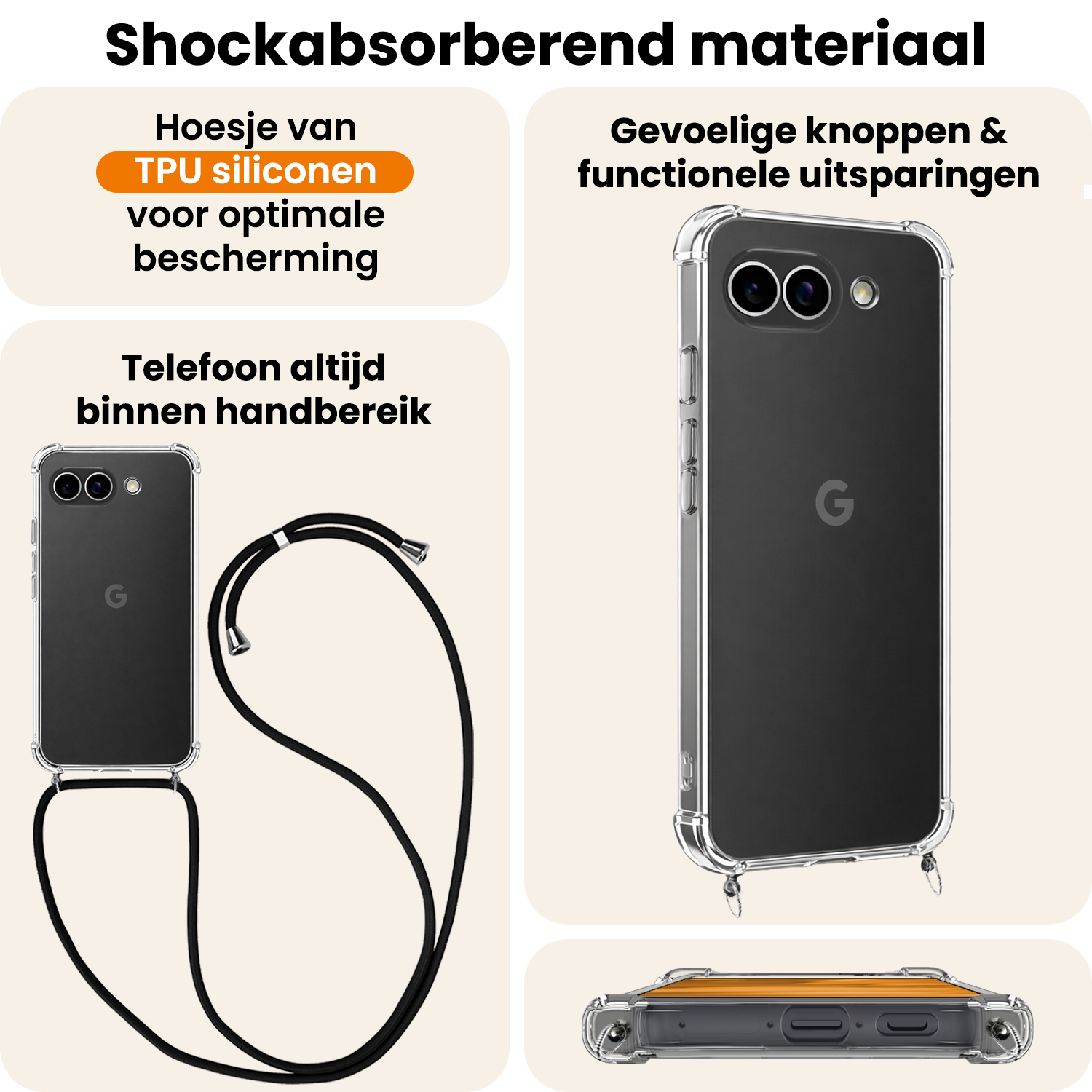 Nomfy Nomfy Google Pixel 9a Hoesje Transparant Shockproof Met Zwart Koord