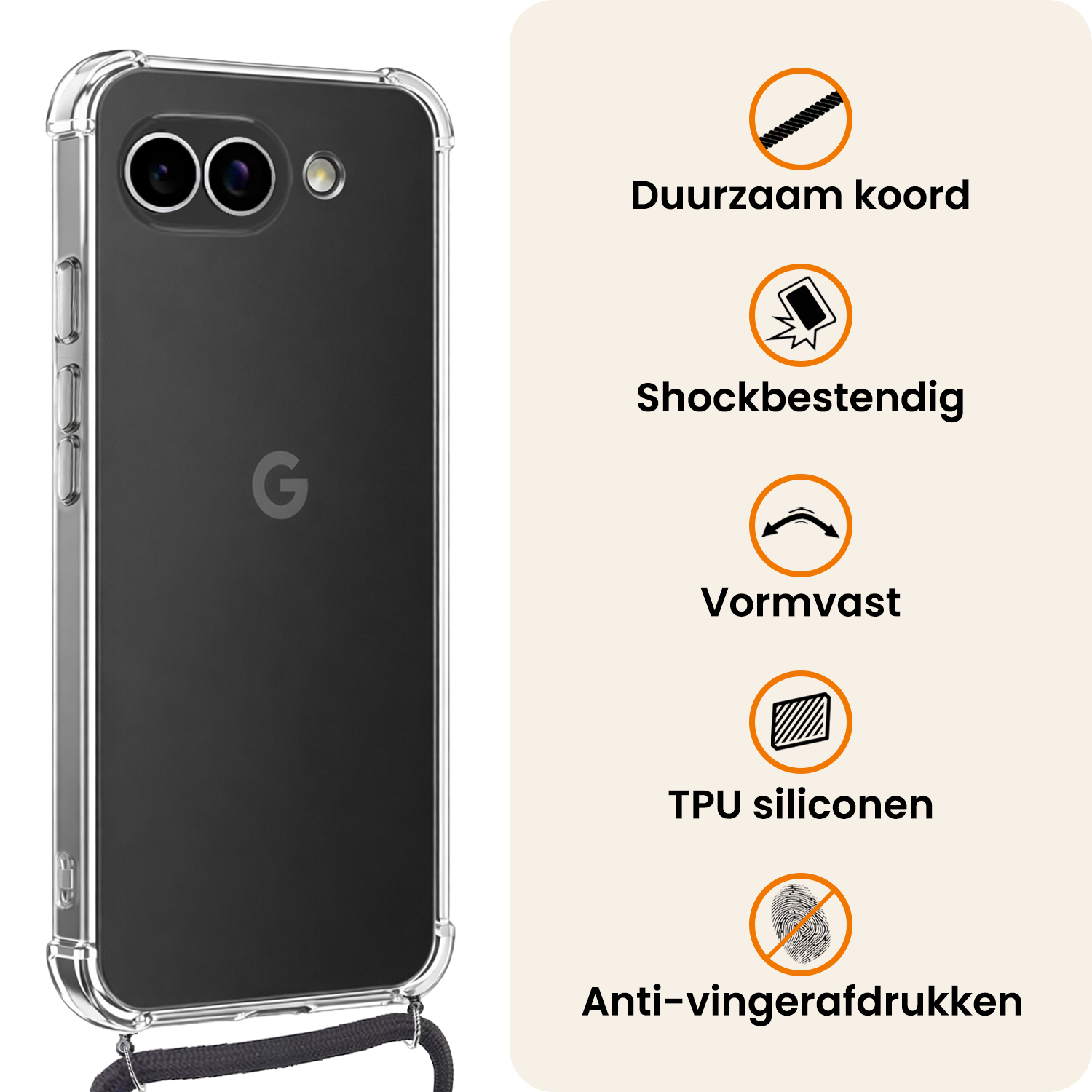 Nomfy Nomfy Google Pixel 9a Hoesje Transparant Shockproof Met Zwart Koord