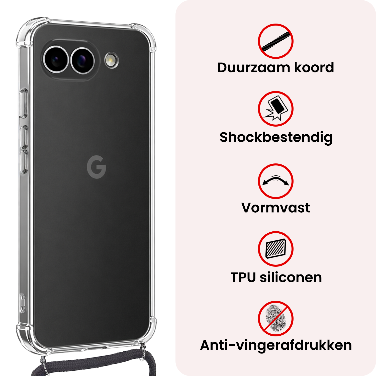 NoXx NoXx Google Pixel 9a Hoesje Transparant Shockproof Met Zwart Koord