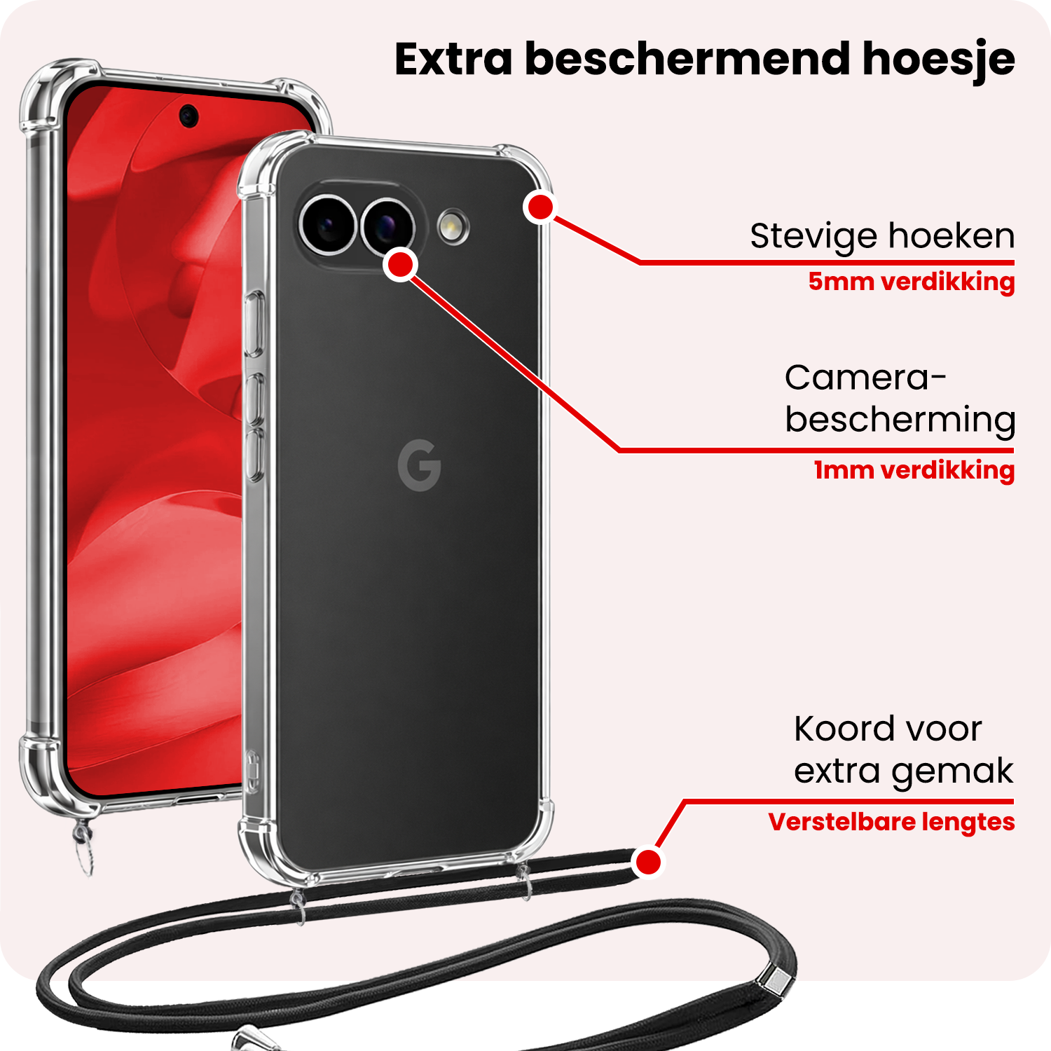 NoXx NoXx Google Pixel 9a Hoesje Transparant Shockproof Met Zwart Koord