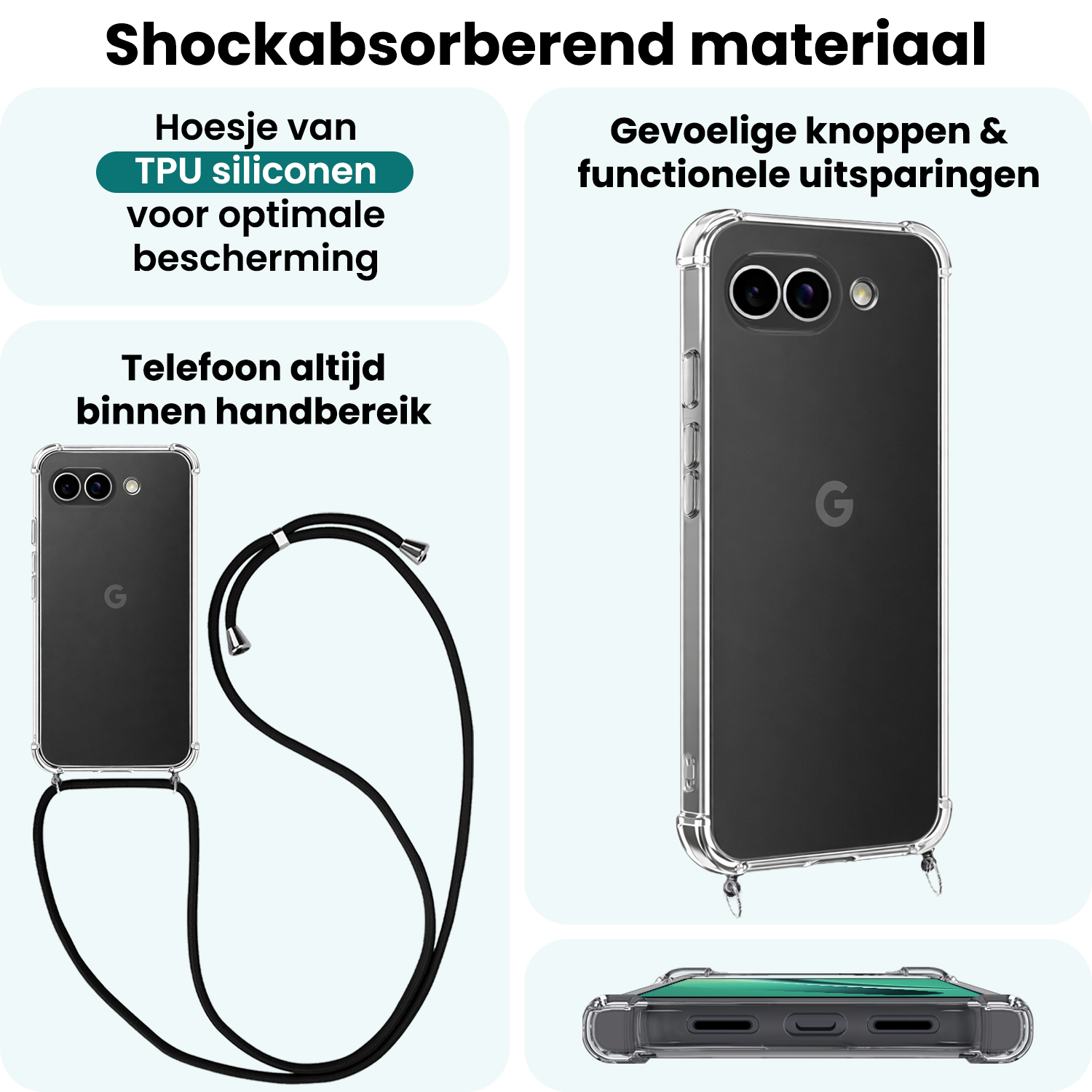 Forterra Forterra Google Pixel 10a Hoesje Transparant Shockproof Met Zwart Koord
