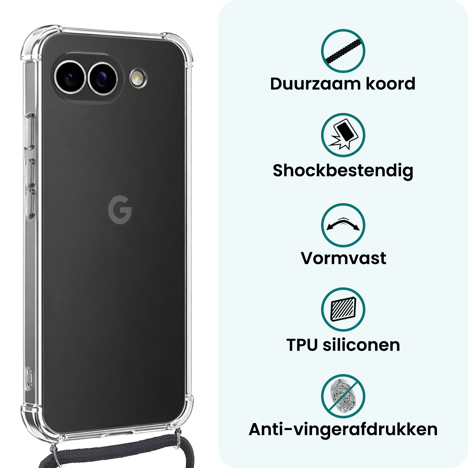 Forterra Forterra Google Pixel 10a Hoesje Transparant Shockproof Met Zwart Koord