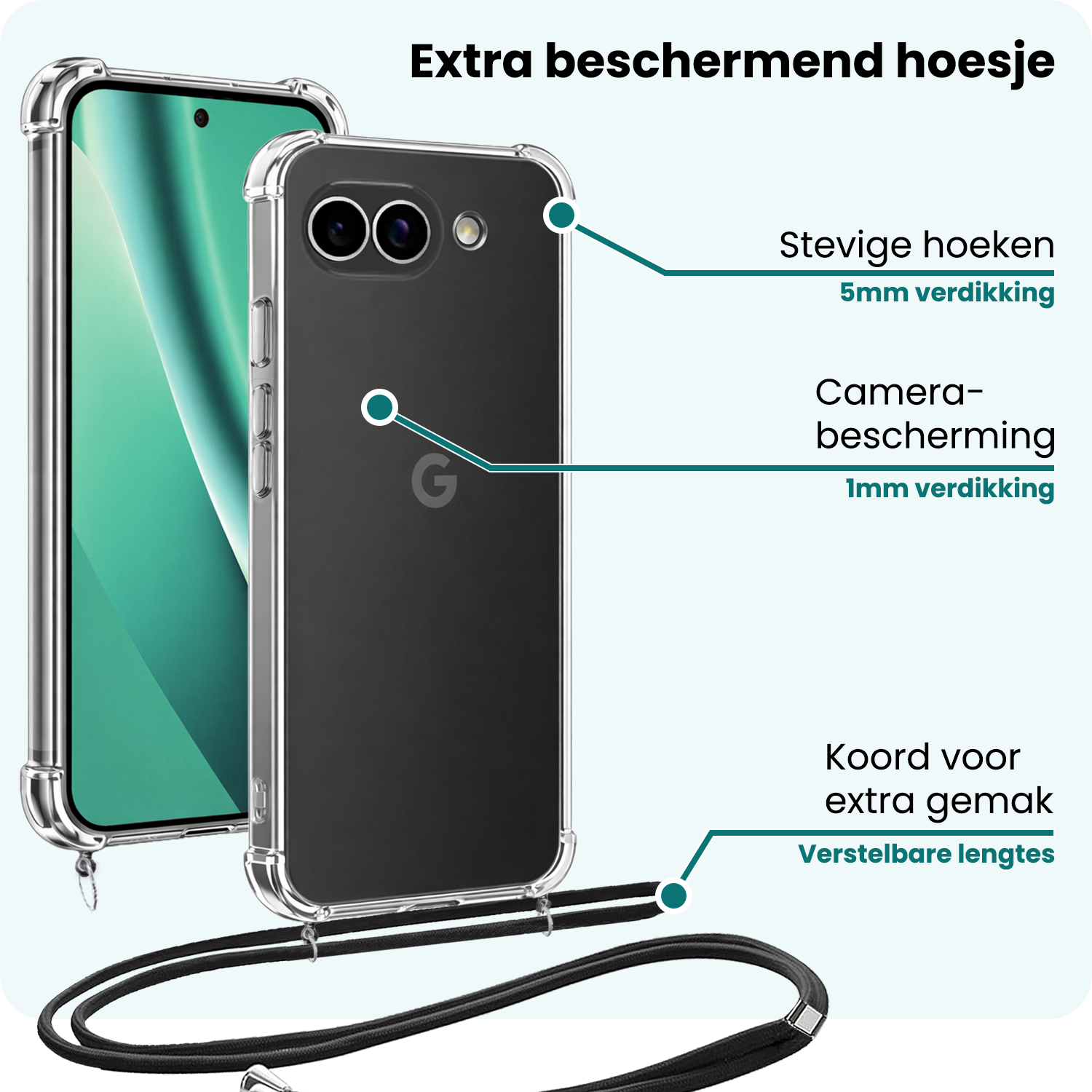 Forterra Forterra Google Pixel 10a Hoesje Transparant Shockproof Met Zwart Koord