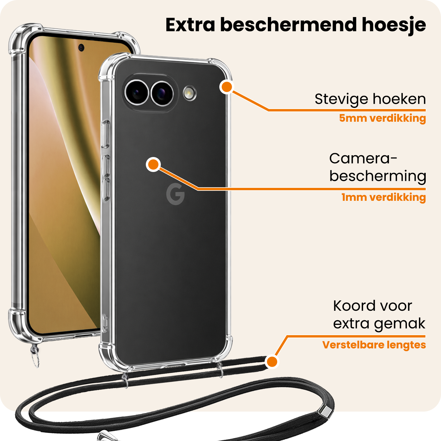 Nomfy Nomfy Google Pixel 10a Hoesje Transparant Shockproof Met Zwart Koord