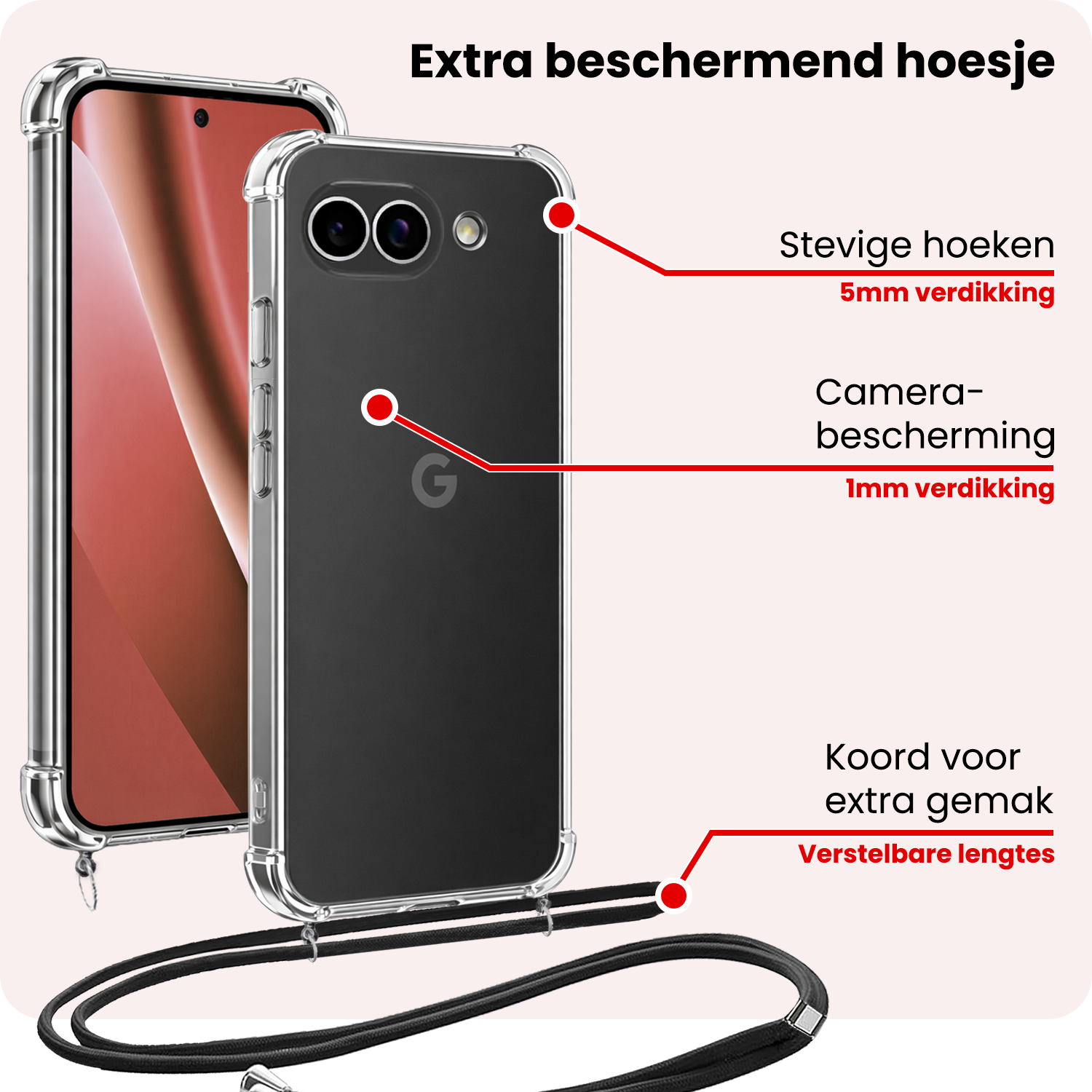 NoXx NoXx Google Pixel 10a Hoesje Transparant Shockproof Met Zwart Koord