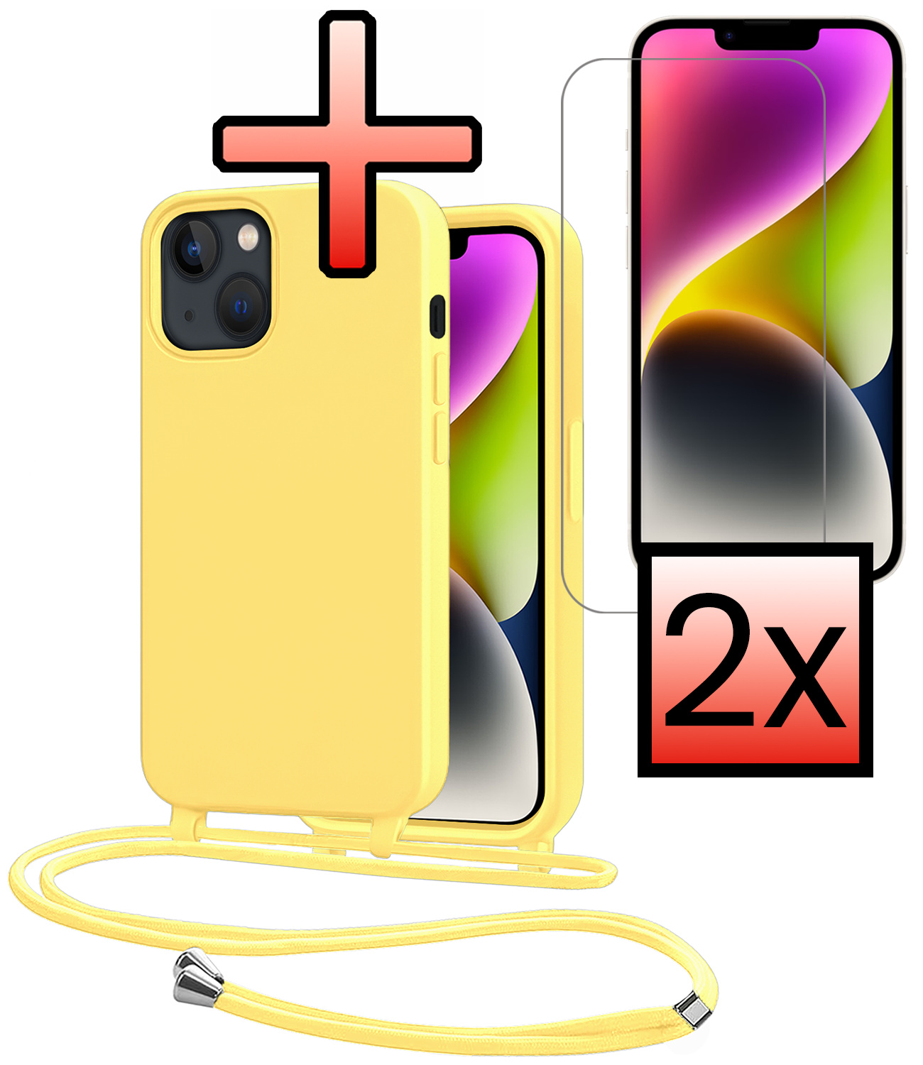 NoXx NoXx iPhone 13 Mini Hoesje Met Koord Met 2x Screenprotector - Geel