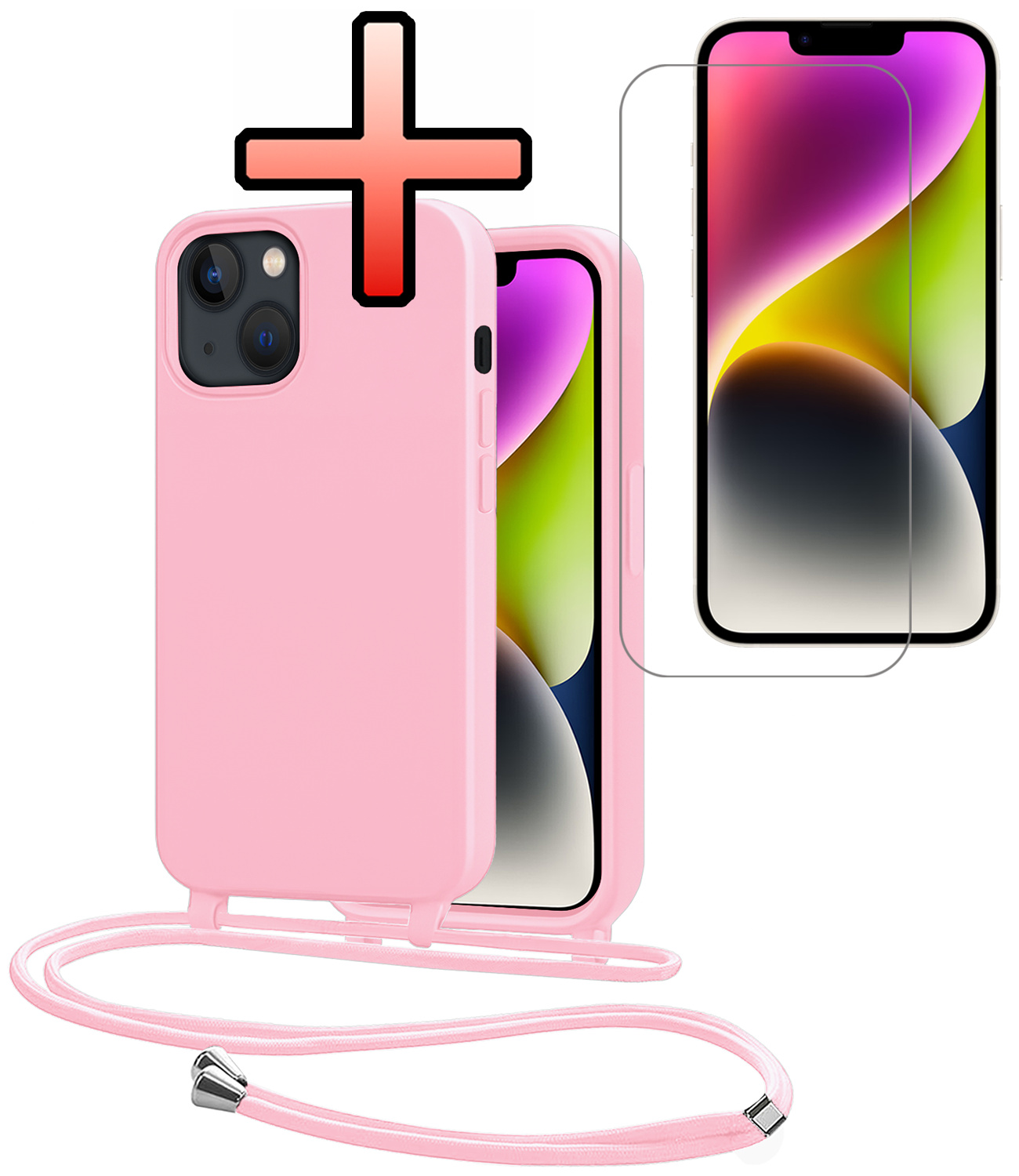 NoXx NoXx iPhone 13 Mini Hoesje Met Koord Met Screenprotector - Lichtroze