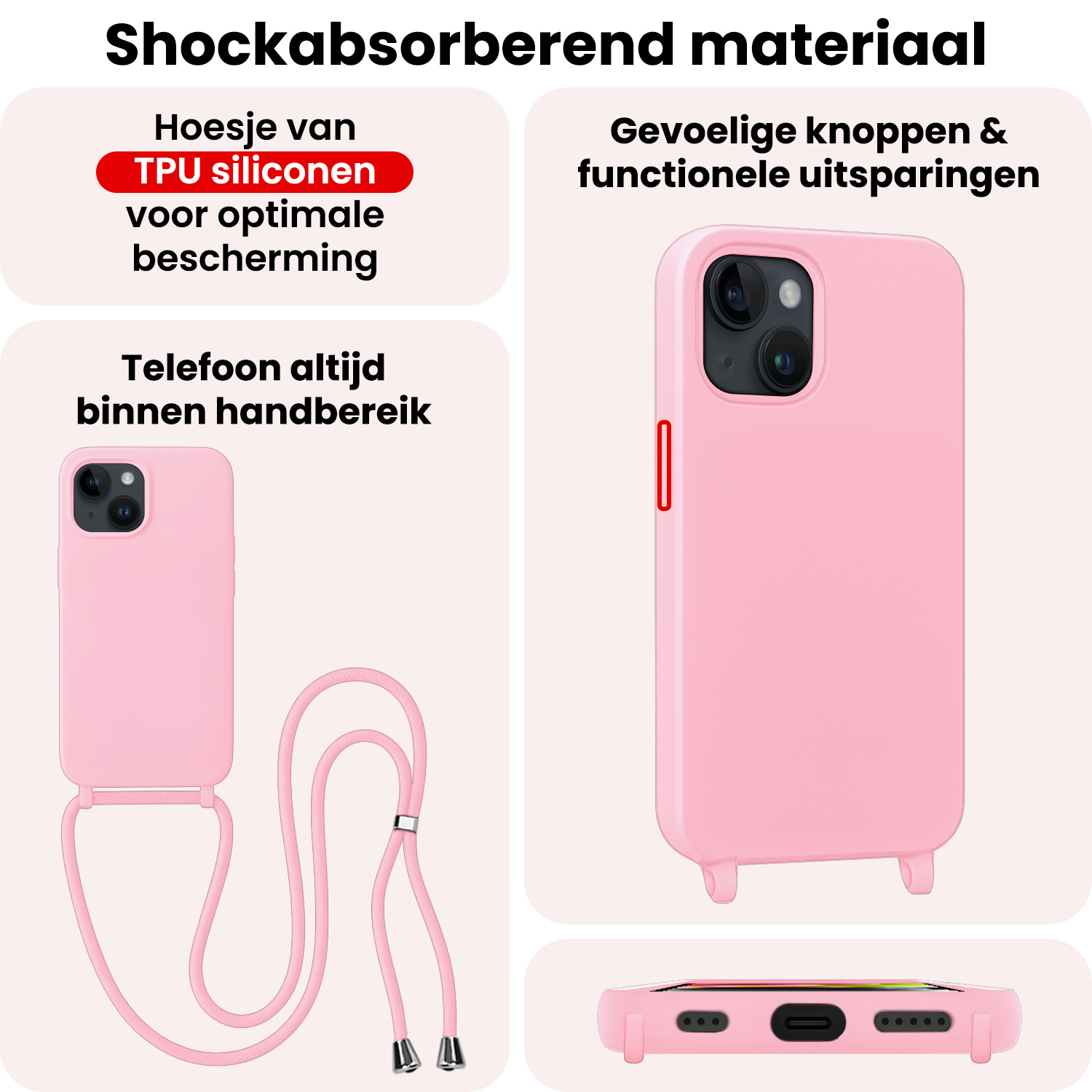 NoXx NoXx iPhone 13 Mini Hoesje Met Koord Met Screenprotector - Lichtroze