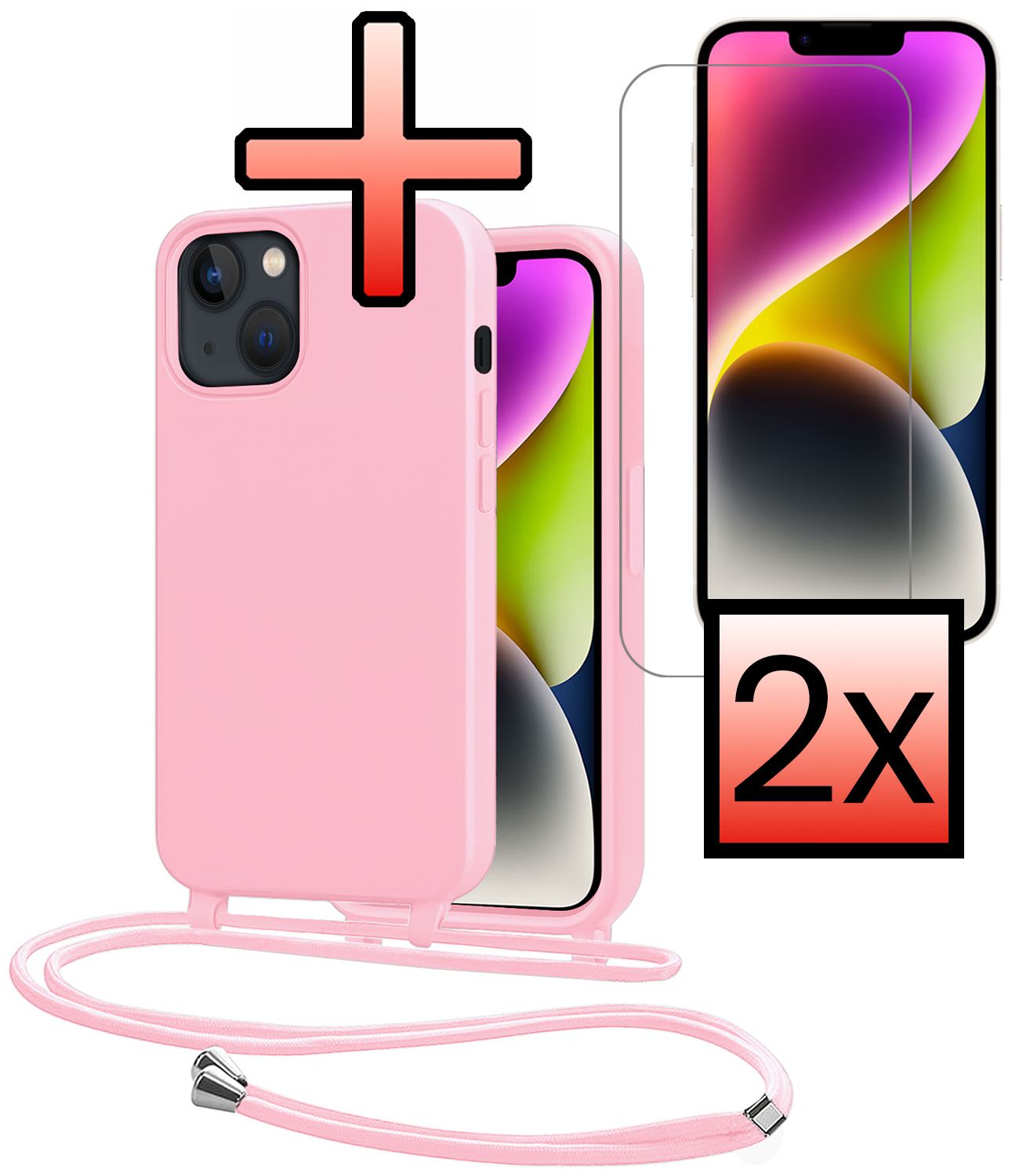 NoXx NoXx iPhone 13 Mini Hoesje Met Koord Met 2x Screenprotector - Lichtroze