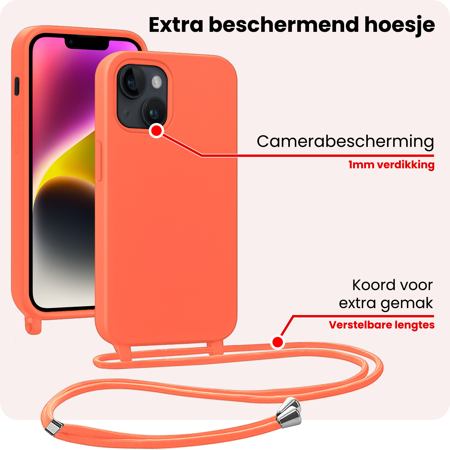 NoXx NoXx iPhone 13 Mini Hoesje Met Koord Met 2x Screenprotector - Papaya