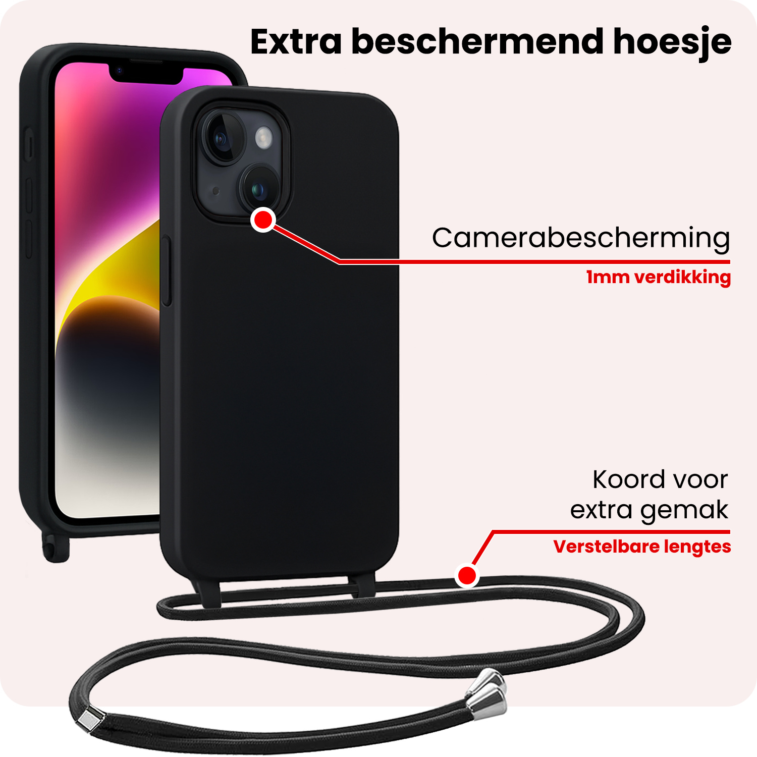 NoXx NoXx iPhone 13 Mini Hoesje Met Koord Met 2x Screenprotector - Zwart