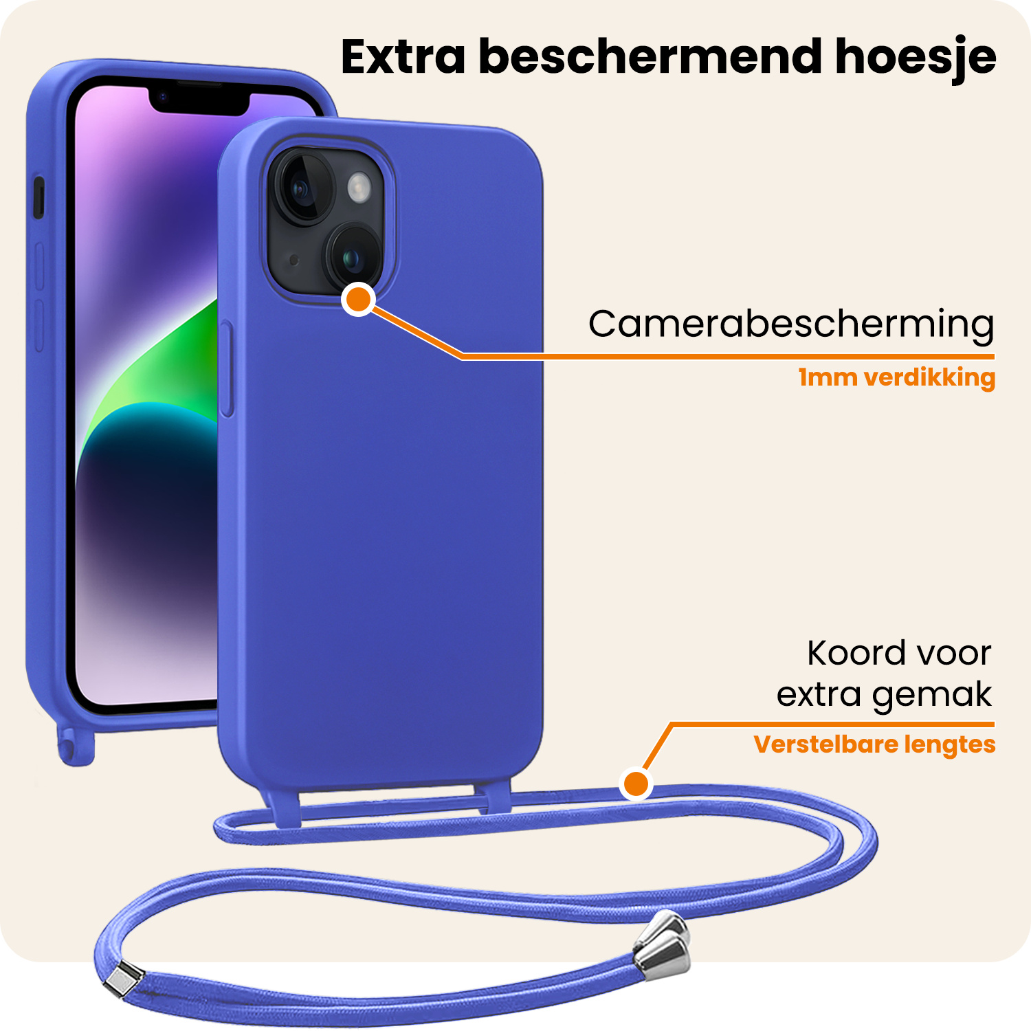 Nomfy Nomfy iPhone 13 Mini Hoesje Met Koord - Fel Blauw - 2 PACK