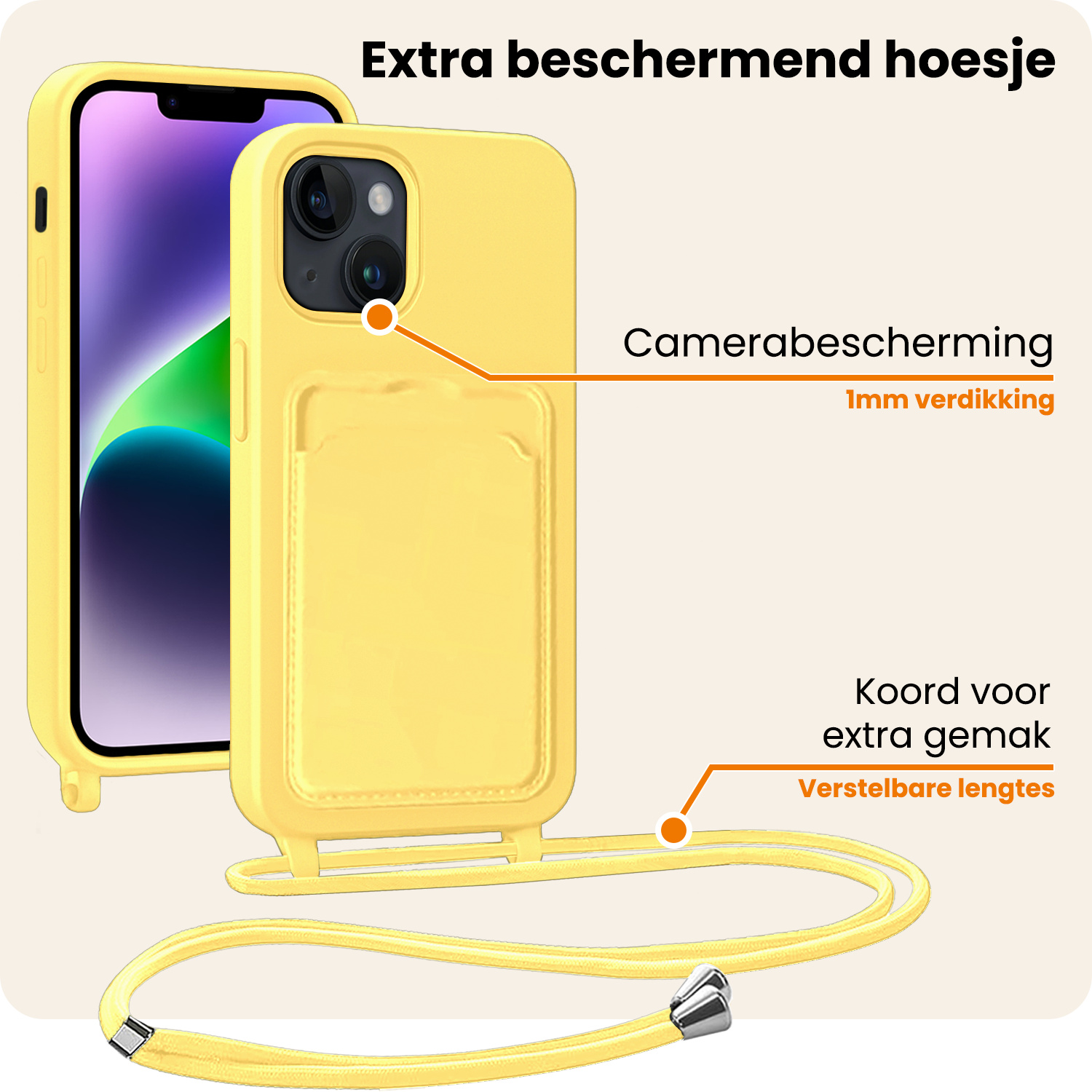 Nomfy Nomfy iPhone 13 Mini Hoesje Met Koord Met 2x Screenprotector - Geel