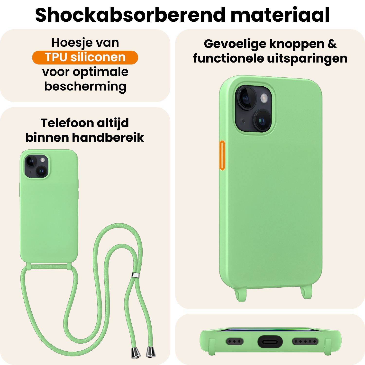 Nomfy Nomfy iPhone 13 Mini Hoesje Met Koord Met 2x Screenprotector - Groen