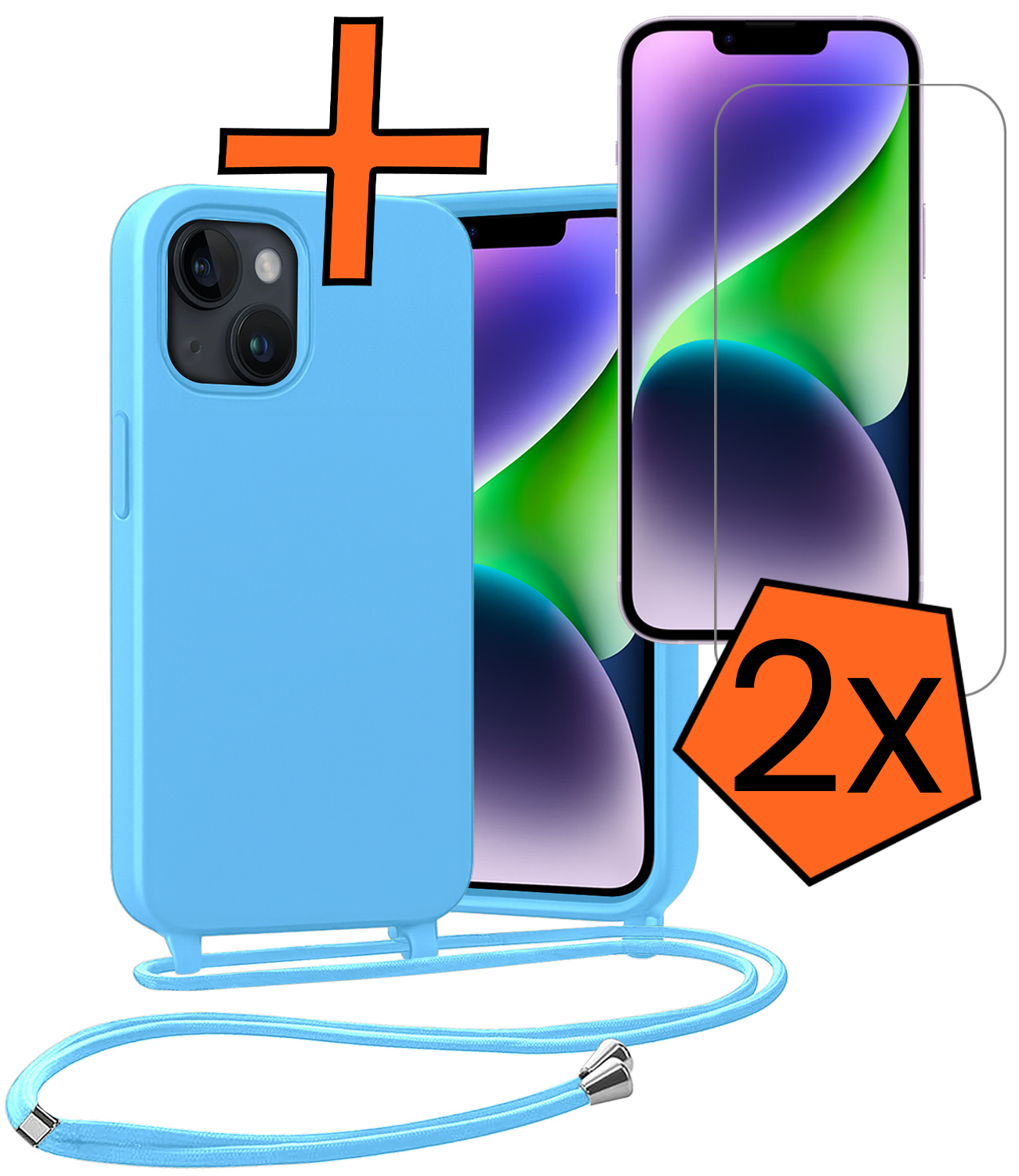 Nomfy Nomfy iPhone 13 Mini Hoesje Met Koord Met 2x Screenprotector - Lichtblauw