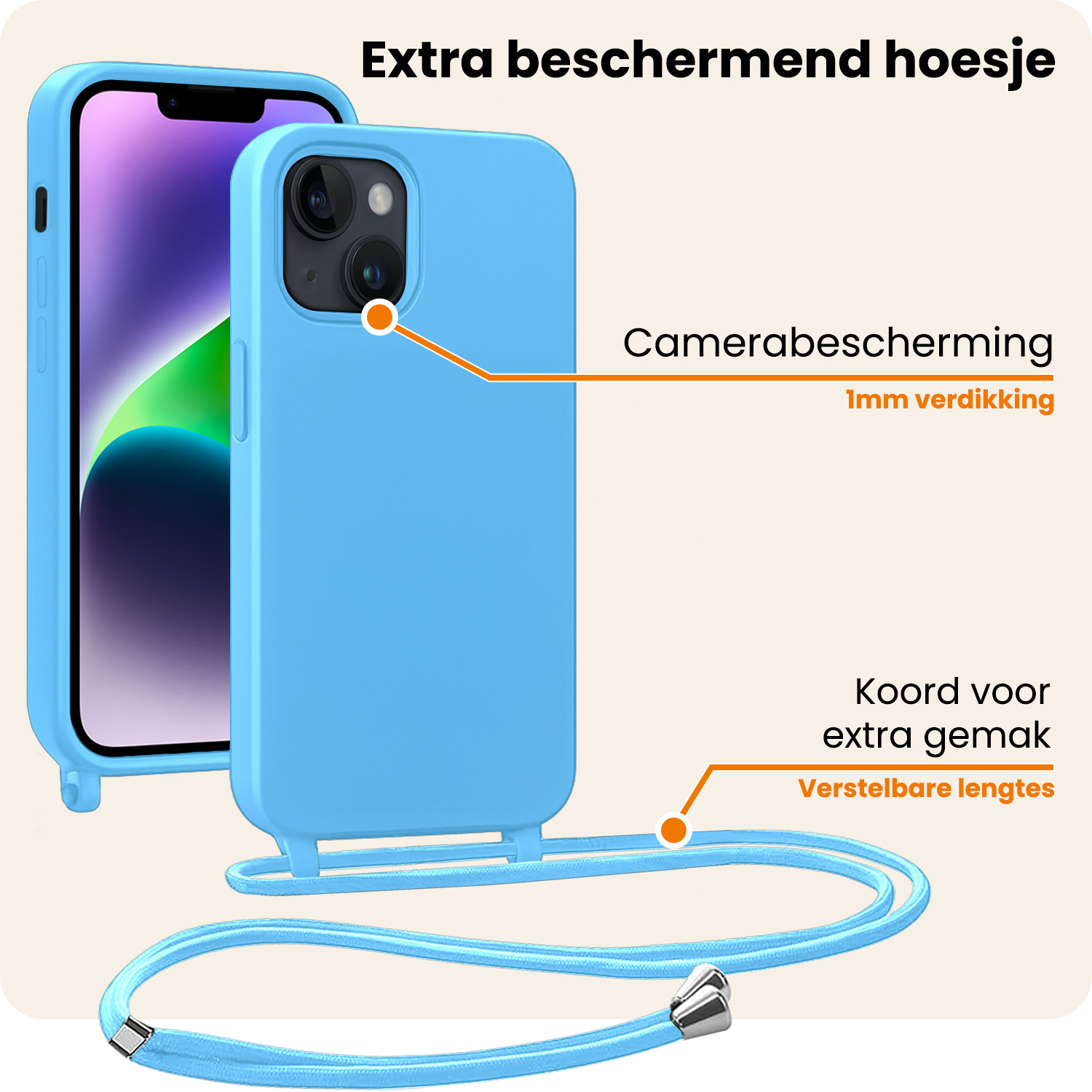 Nomfy Nomfy iPhone 13 Mini Hoesje Met Koord Met 2x Screenprotector - Lichtblauw