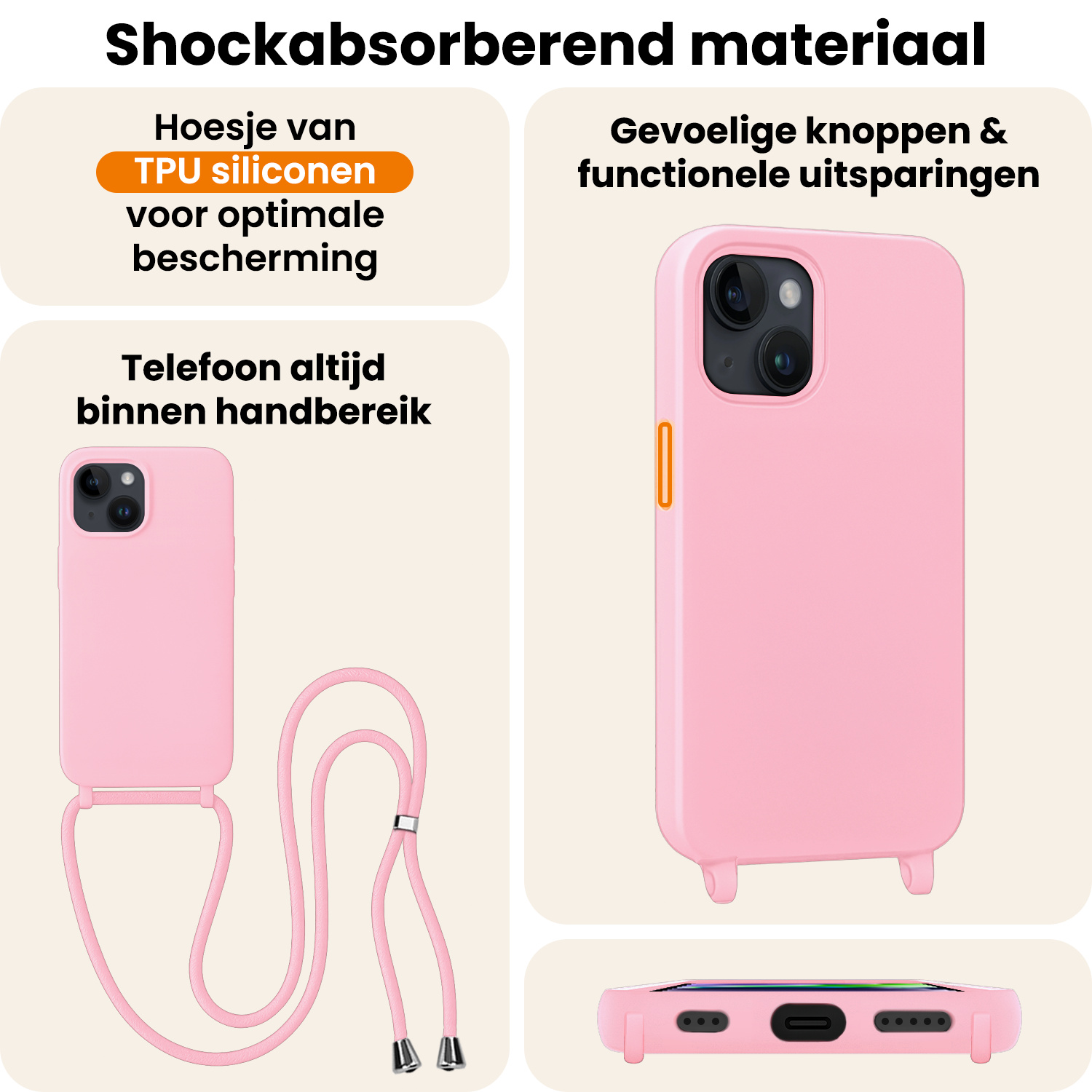 Nomfy Nomfy iPhone 13 Mini Hoesje Met Koord Met Screenprotector - Lichtroze