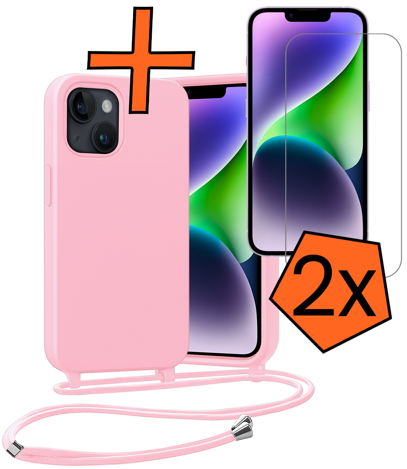 Nomfy Nomfy iPhone 13 Mini Hoesje Met Koord Met 2x Screenprotector - Lichtroze