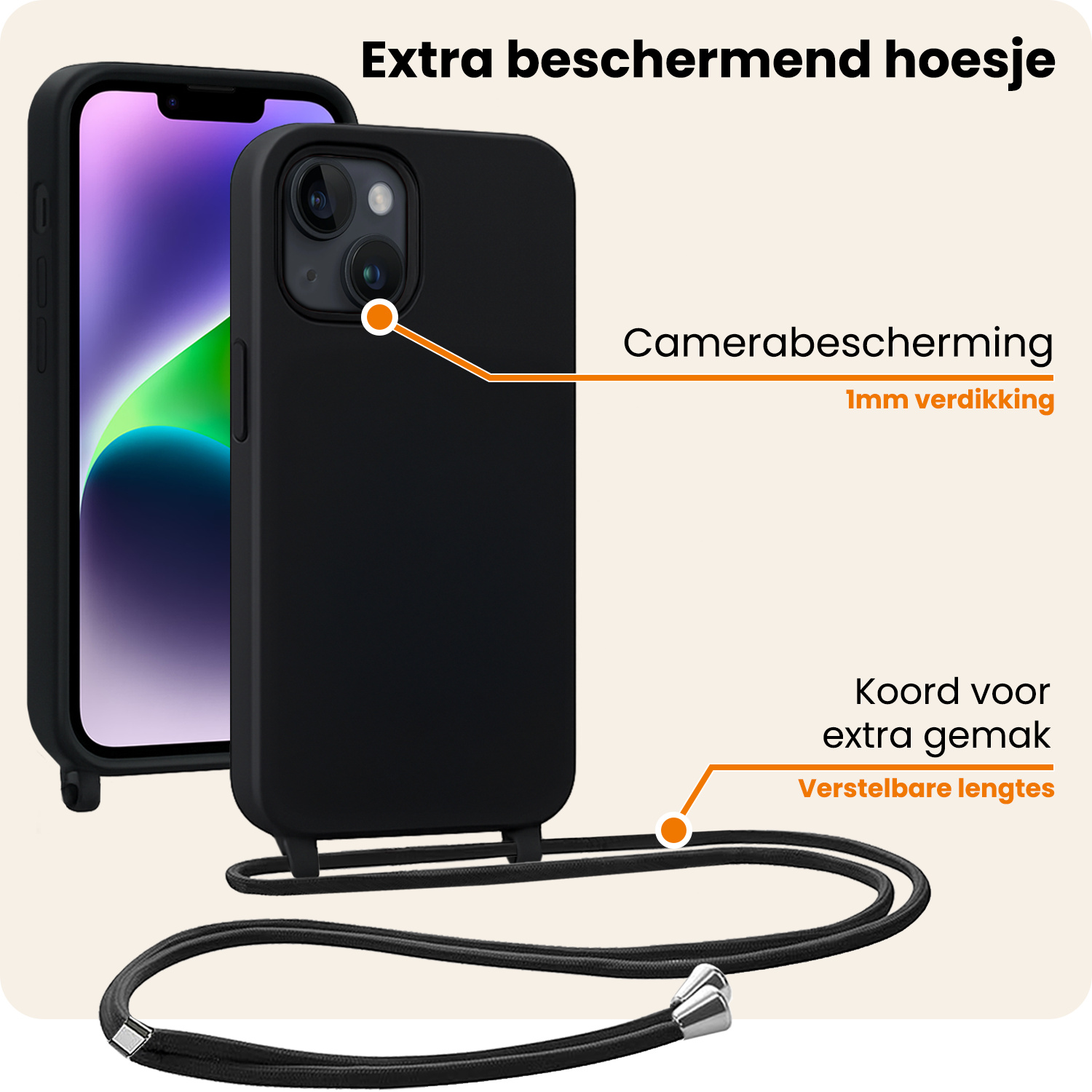 Nomfy Nomfy iPhone 13 Mini Hoesje Met Koord - Zwart - 2 PACK