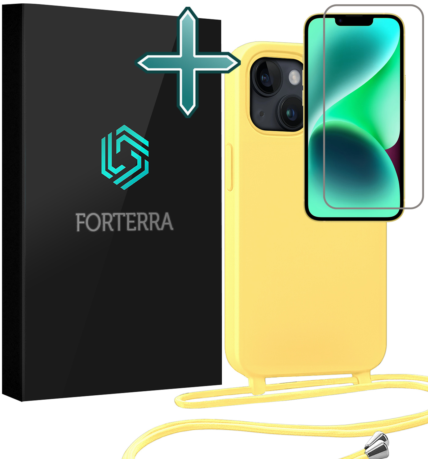 Forterra Forterra iPhone 13 Mini Hoesje Met Koord Met Screenprotector - Geel