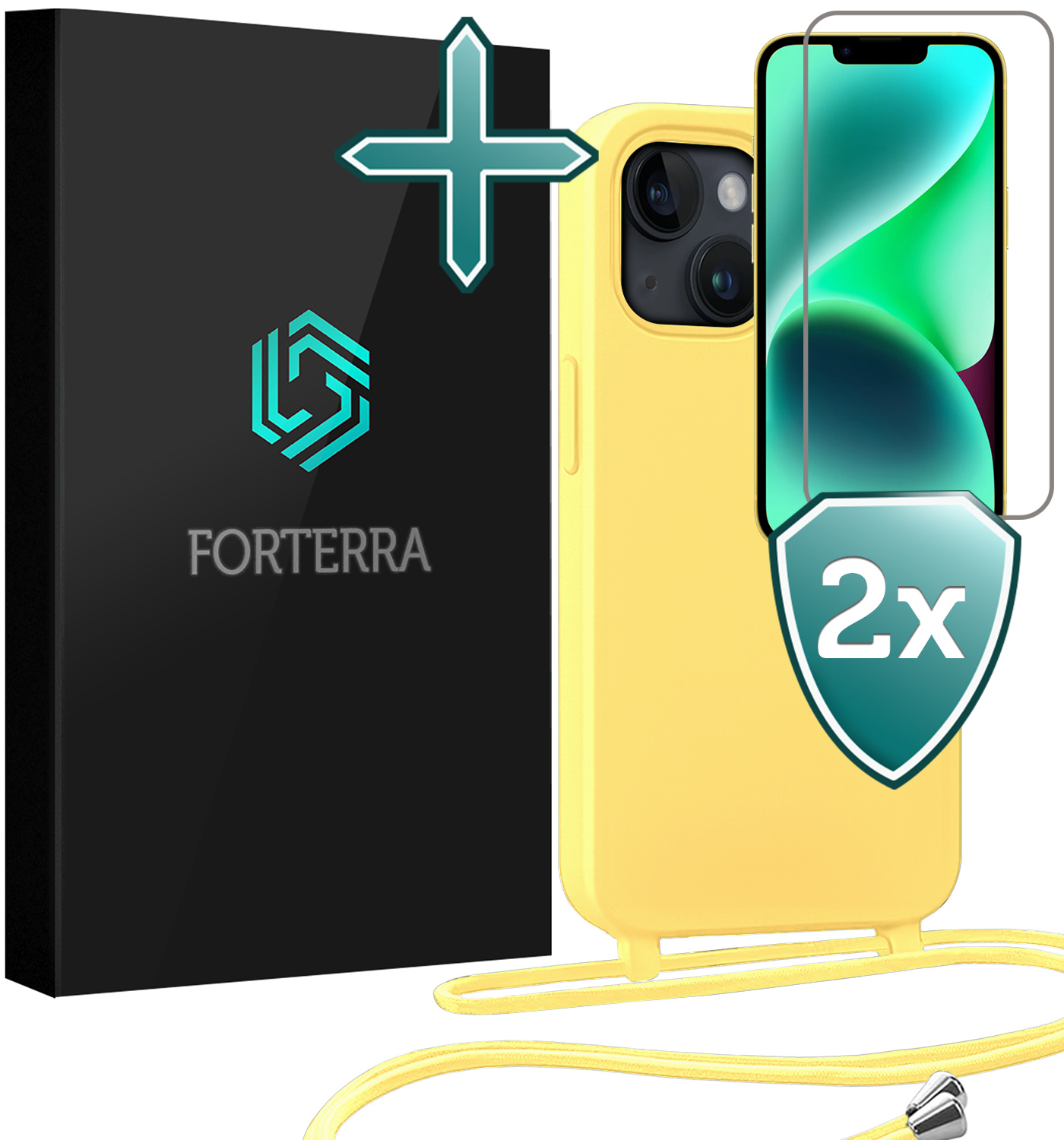 Forterra Forterra iPhone 13 Mini Hoesje Met Koord Met 2x Screenprotector - Geel