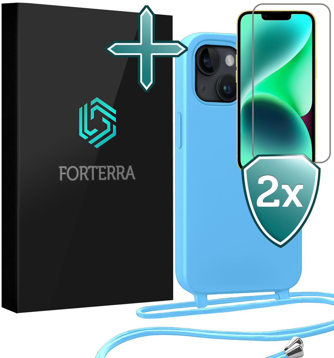 Forterra Forterra iPhone 13 Mini Hoesje Met Koord Met 2x Screenprotector - Lichtblauw