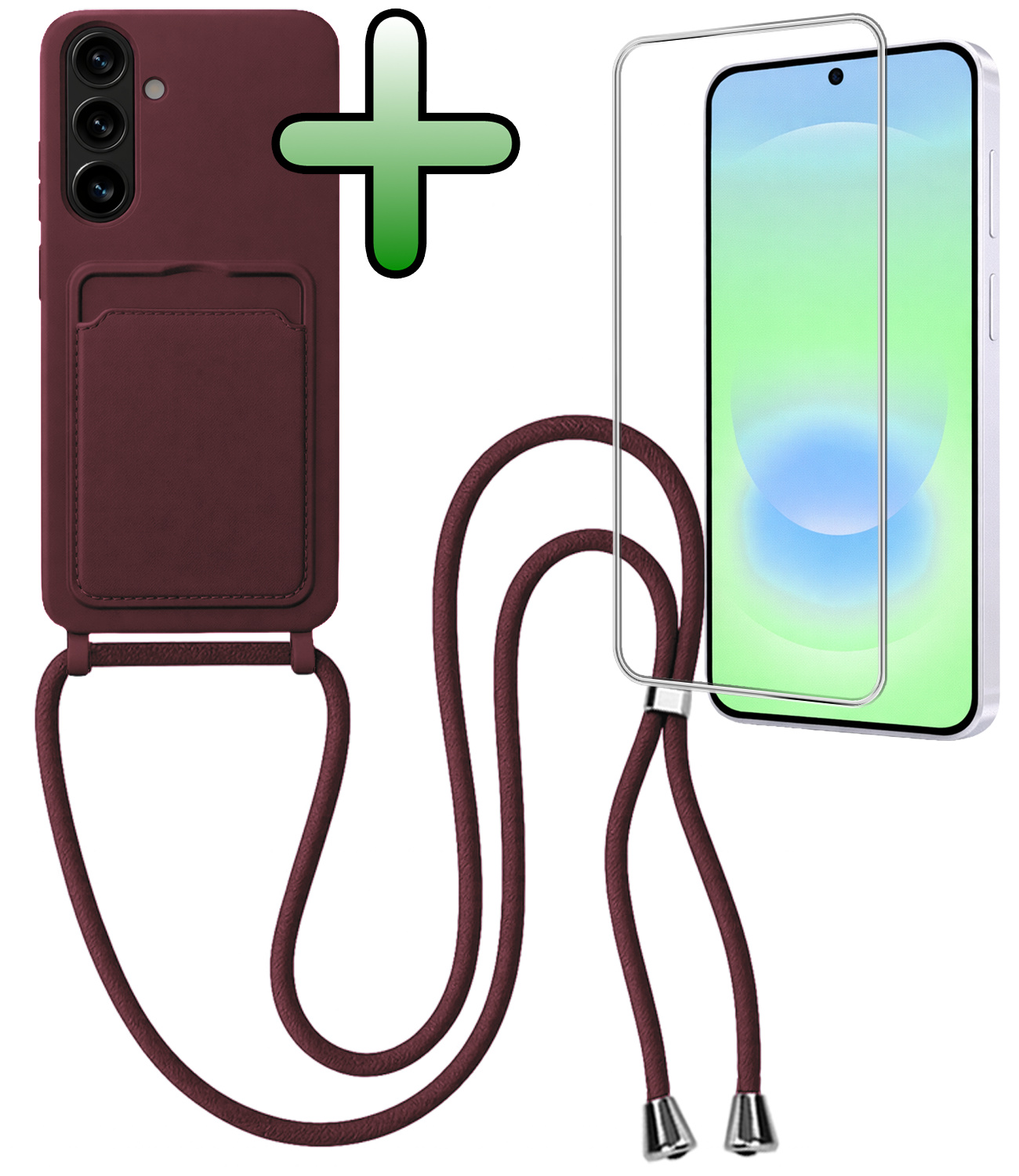 BASEY. BASEY. Samsung Galaxy A37 Hoesje Pashouder met Koord Met Screenprotector - Aubergine