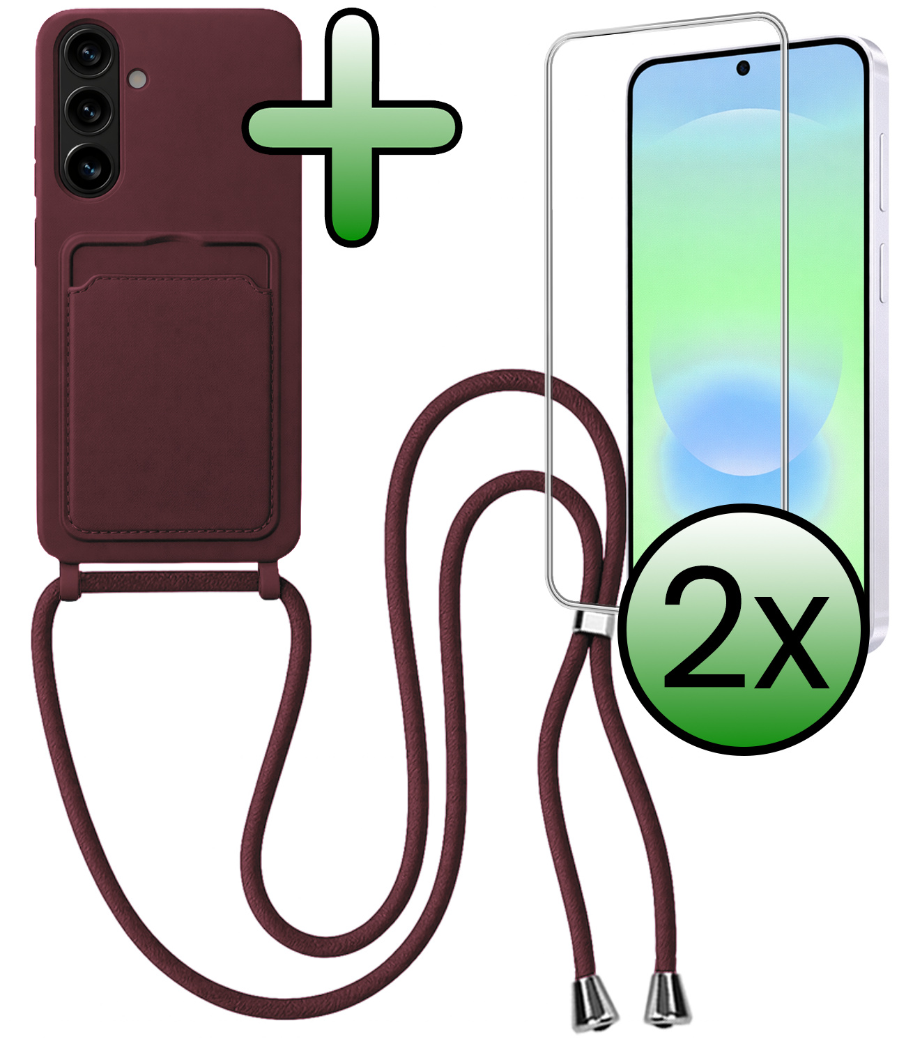 BASEY. BASEY. Samsung Galaxy A37 Hoesje Pashouder met Koord Met 2x Screenprotector - Aubergine