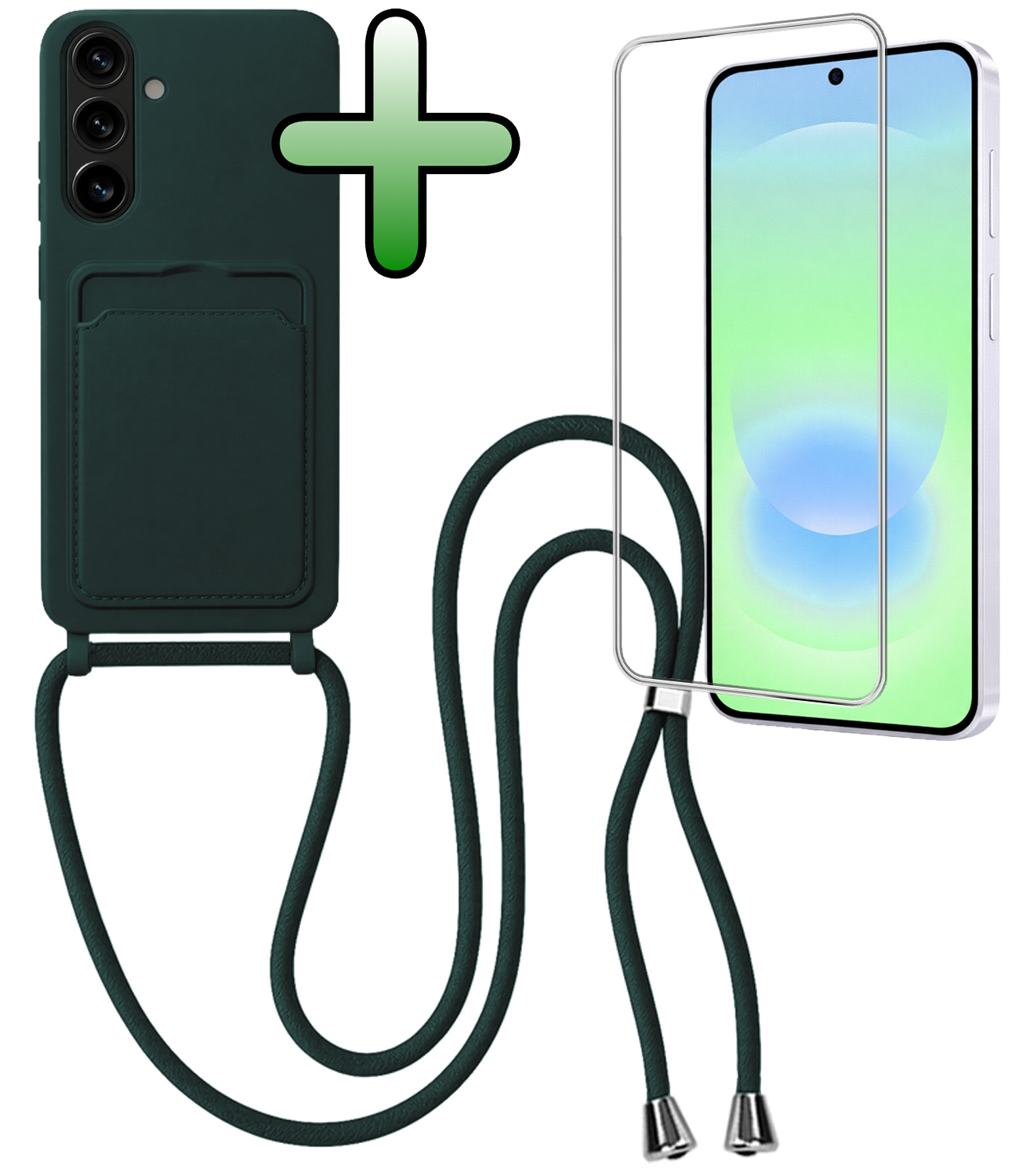 BASEY. BASEY. Samsung Galaxy A37 Hoesje Pashouder met Koord Met Screenprotector - Donkergroen