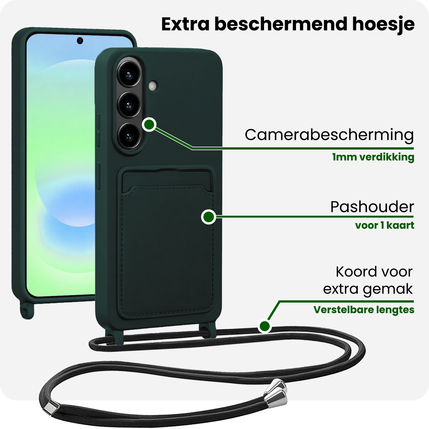 BASEY. BASEY. Samsung Galaxy A37 Hoesje Pashouder met Koord Met Screenprotector - Donkergroen
