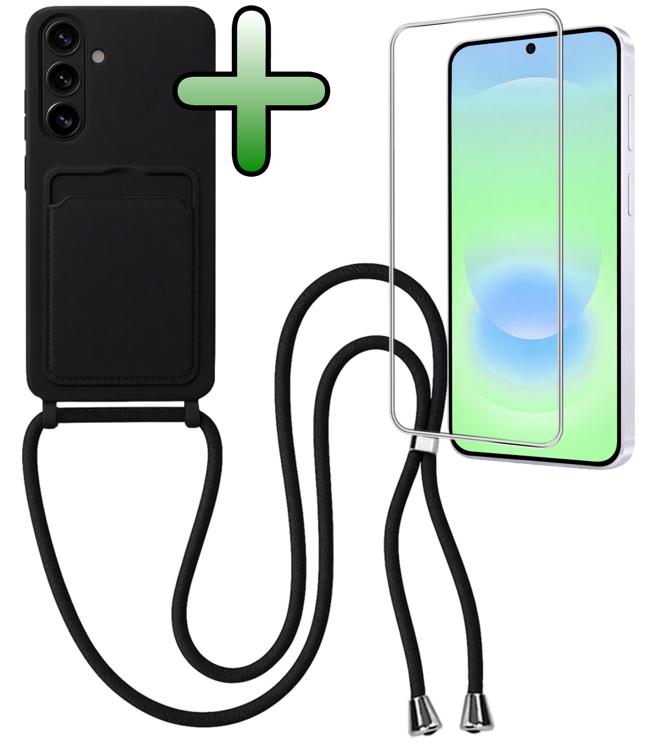 BASEY. BASEY. Samsung Galaxy A37 Hoesje Pashouder met Koord Met Screenprotector - Zwart