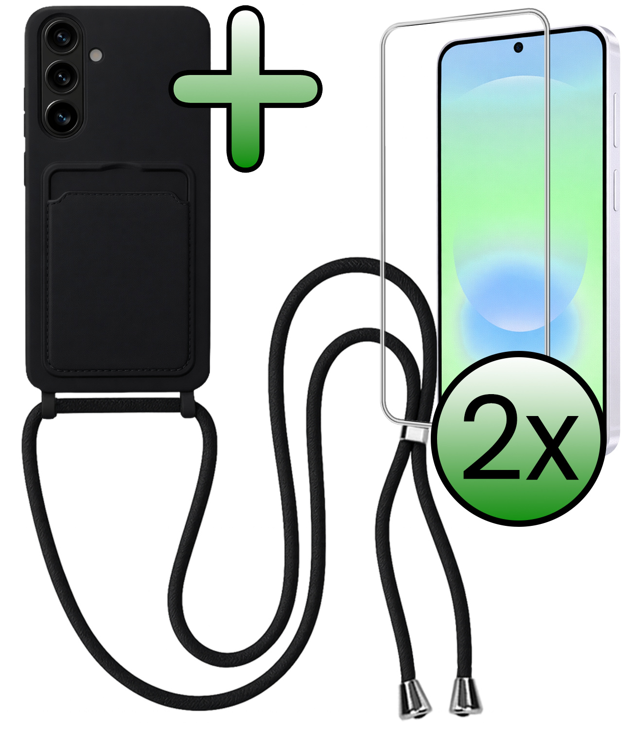 BASEY. BASEY. Samsung Galaxy A37 Hoesje Pashouder met Koord Met 2x Screenprotector - Zwart