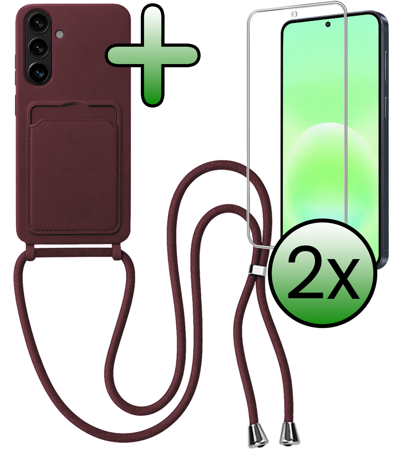 BASEY. BASEY. Samsung Galaxy A57 Hoesje Pashouder met Koord Met 2x Screenprotector - Aubergine