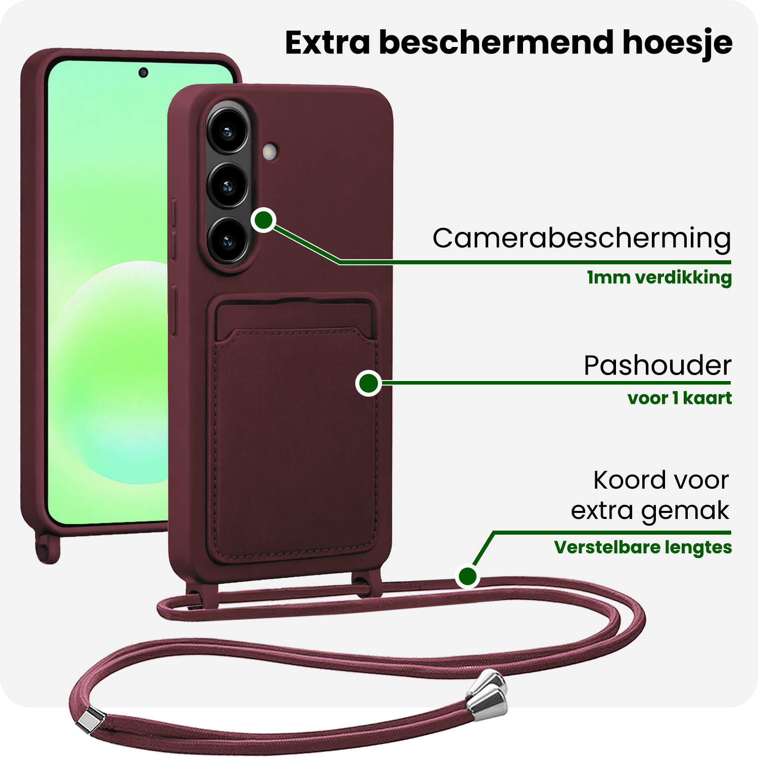 BASEY. BASEY. Samsung Galaxy A57 Hoesje Pashouder met Koord Met 2x Screenprotector - Aubergine