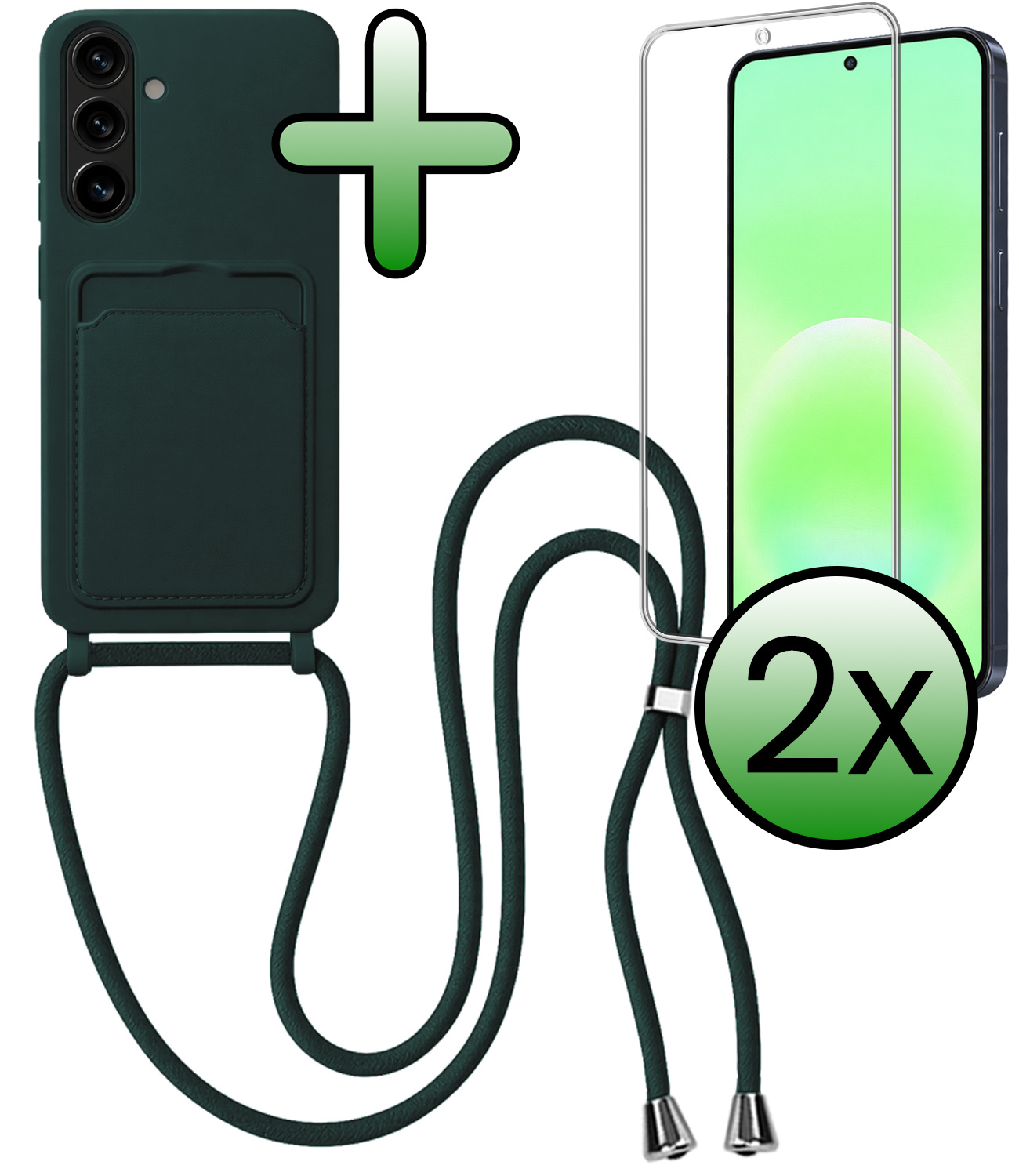 BASEY. BASEY. Samsung Galaxy A57 Hoesje Pashouder met Koord Met 2x Screenprotector - Donkergroen