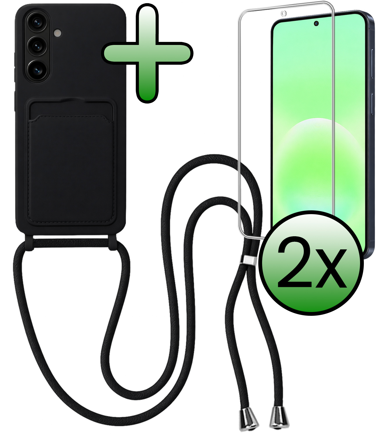 BASEY. BASEY. Samsung Galaxy A57 Hoesje Pashouder met Koord Met 2x Screenprotector - Zwart