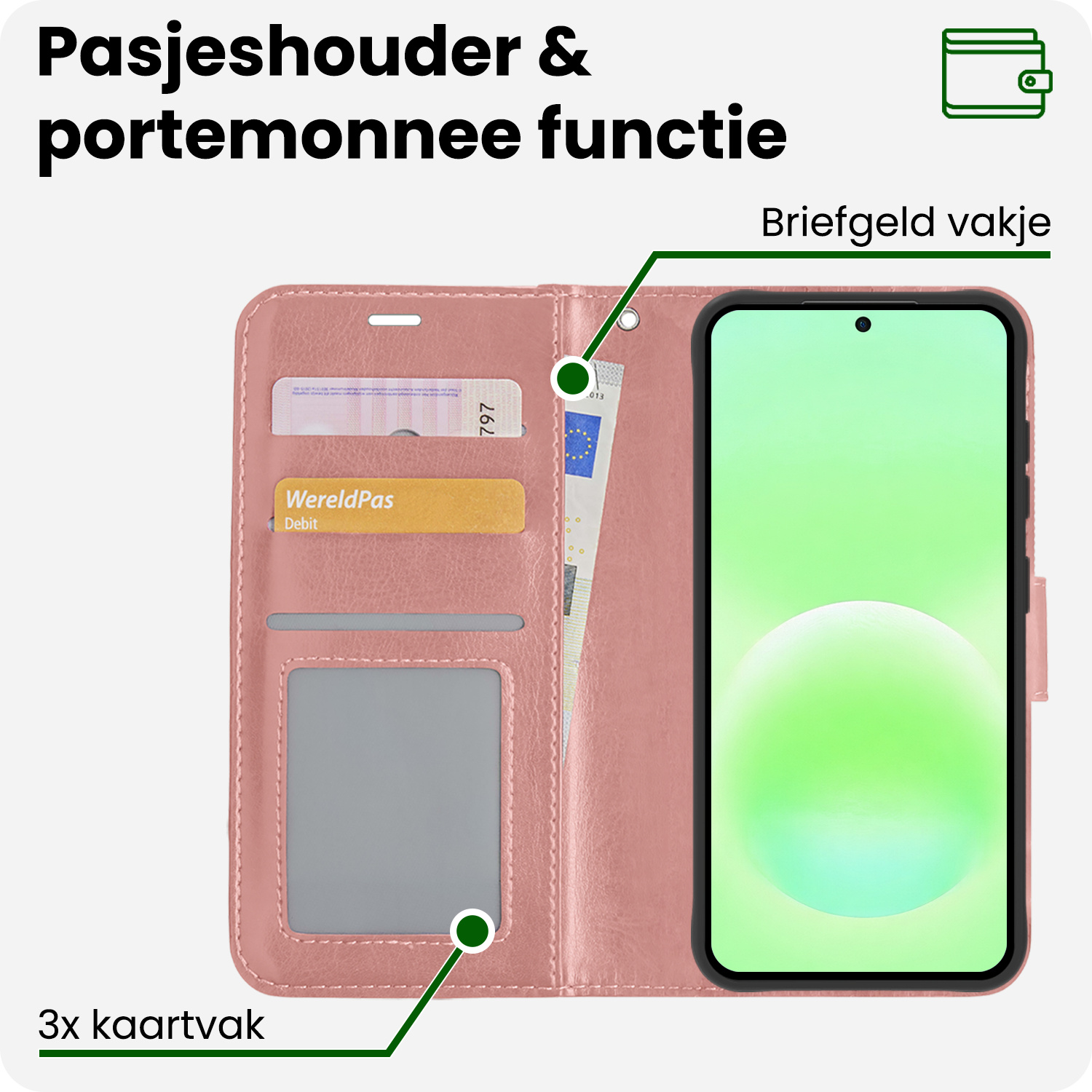 BASEY. BASEY. Samsung Galaxy A57 Hoesje Bookcase Met 2x Screenprotector - Rose Goud
