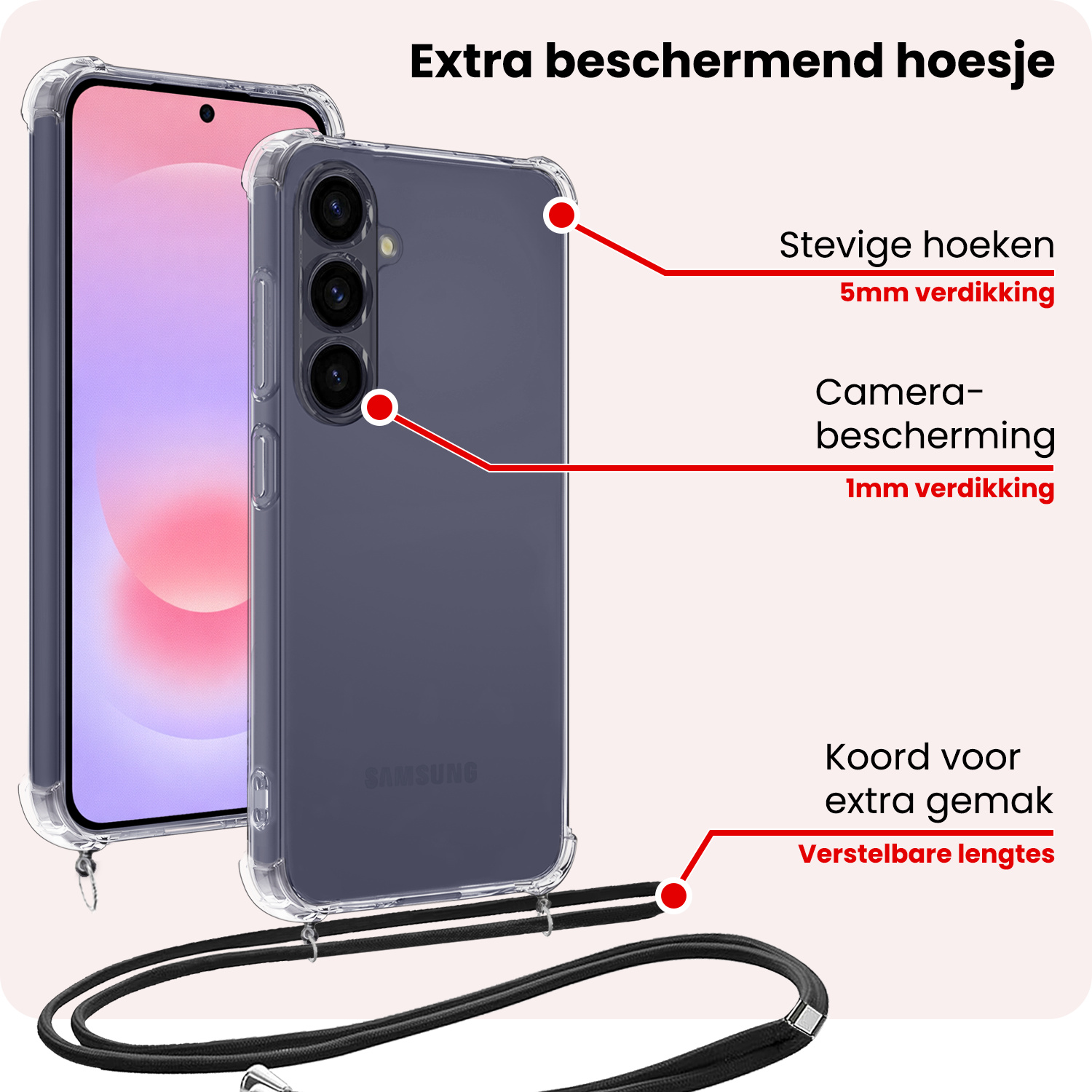 NoXx NoXx Samsung Galaxy A37 Hoesje Transparant Shockproof Met Zwart Koord