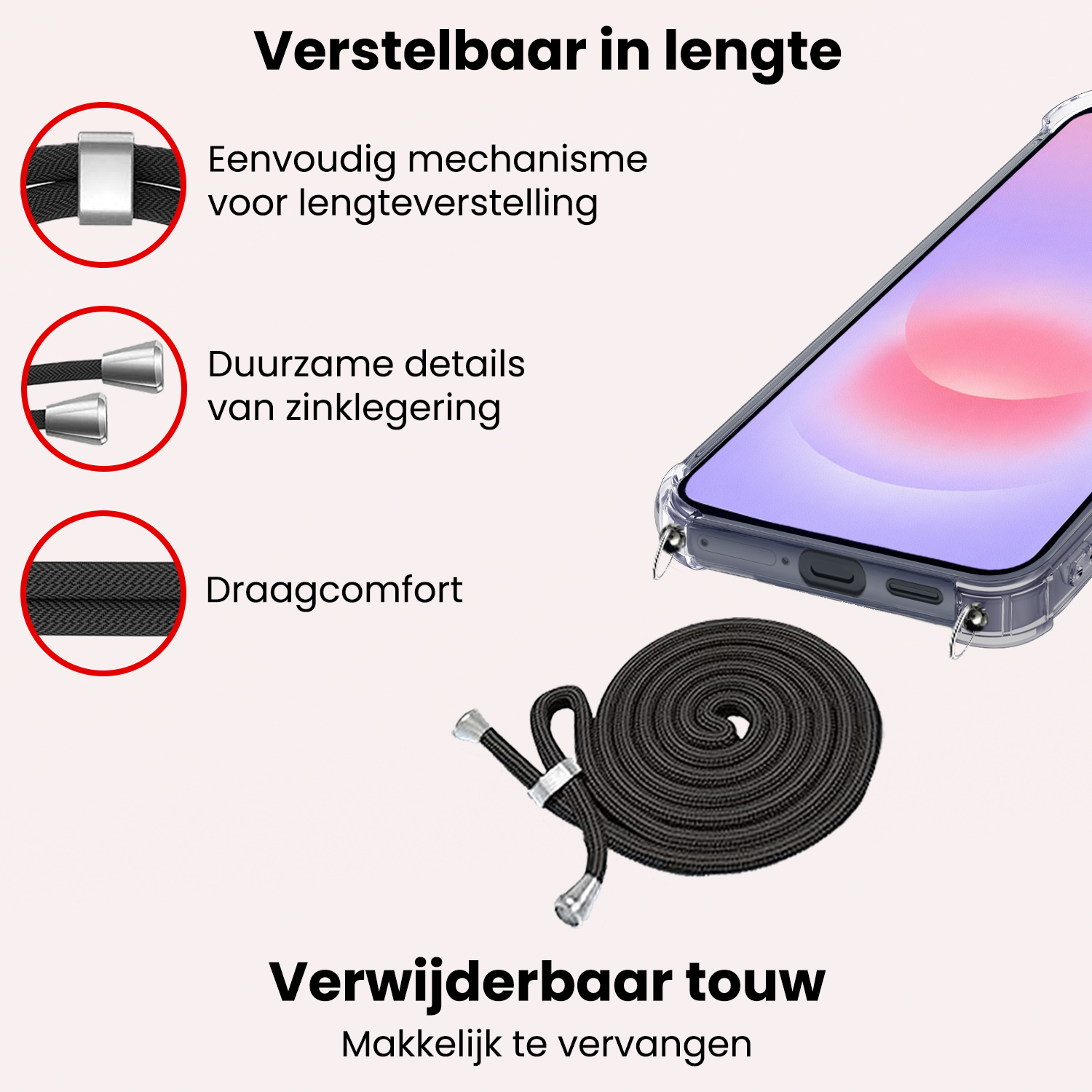 NoXx NoXx Samsung Galaxy A37 Hoesje Transparant Shockproof Met Zwart Koord