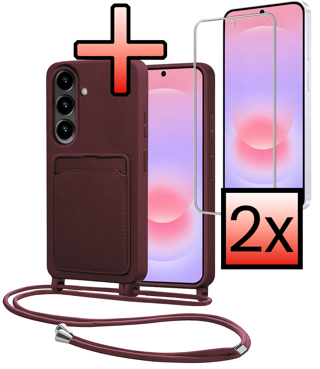 NoXx NoXx Samsung Galaxy A37 Hoesje Pashouder met Koord Met 2x Screenprotector - Aubergine