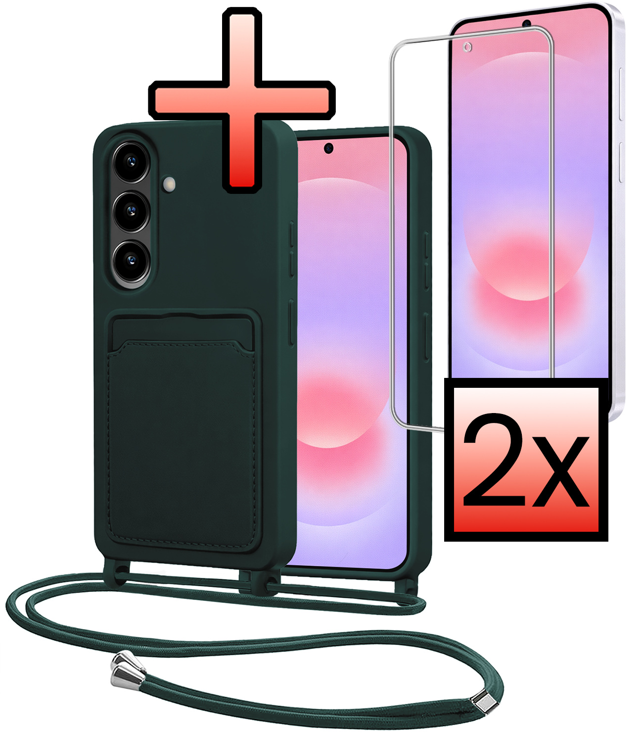 NoXx NoXx Samsung Galaxy A37 Hoesje Pashouder met Koord Met 2x Screenprotector - Donkergroen