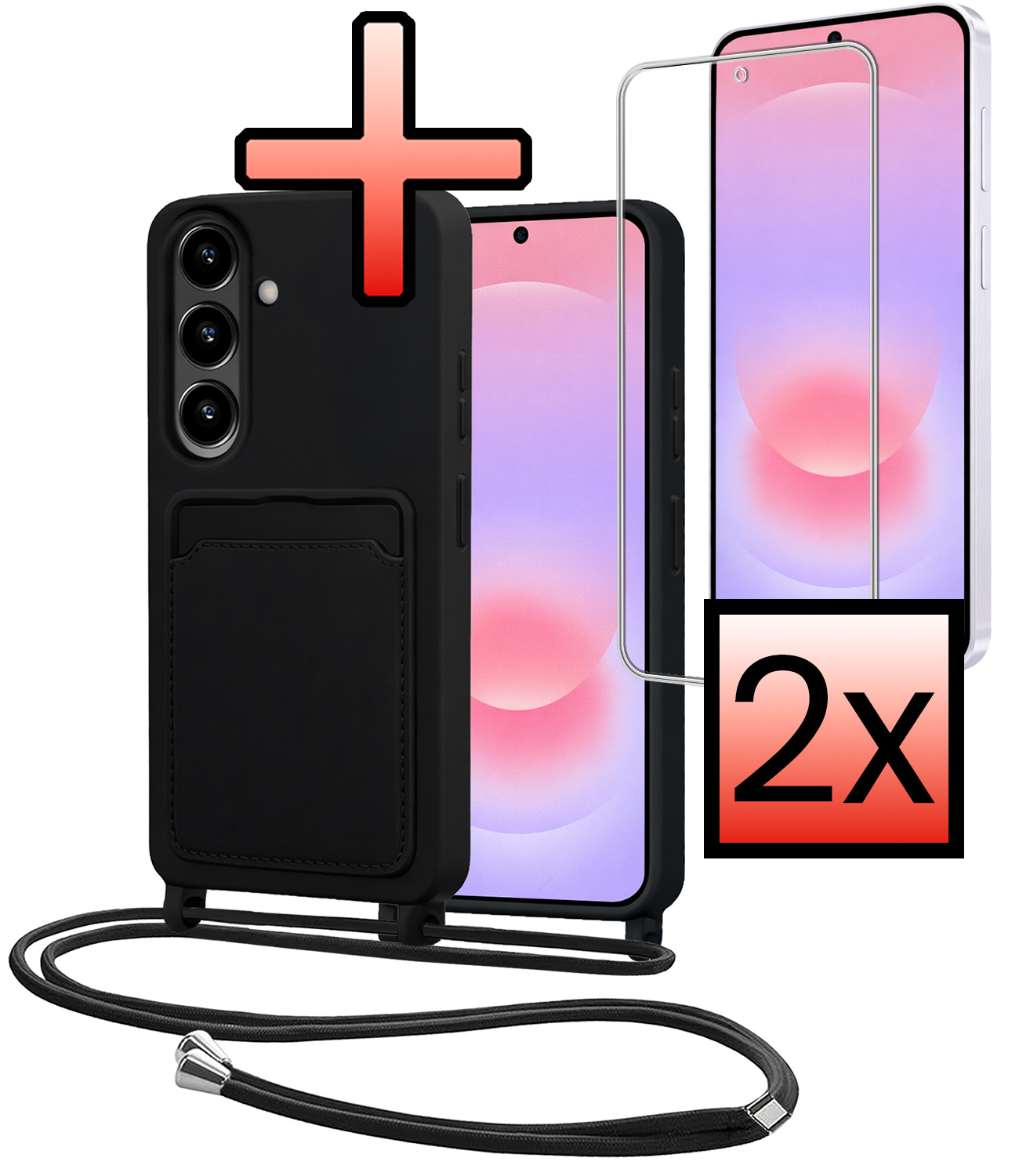 NoXx NoXx Samsung Galaxy A37 Hoesje Pashouder met Koord Met 2x Screenprotector - Zwart