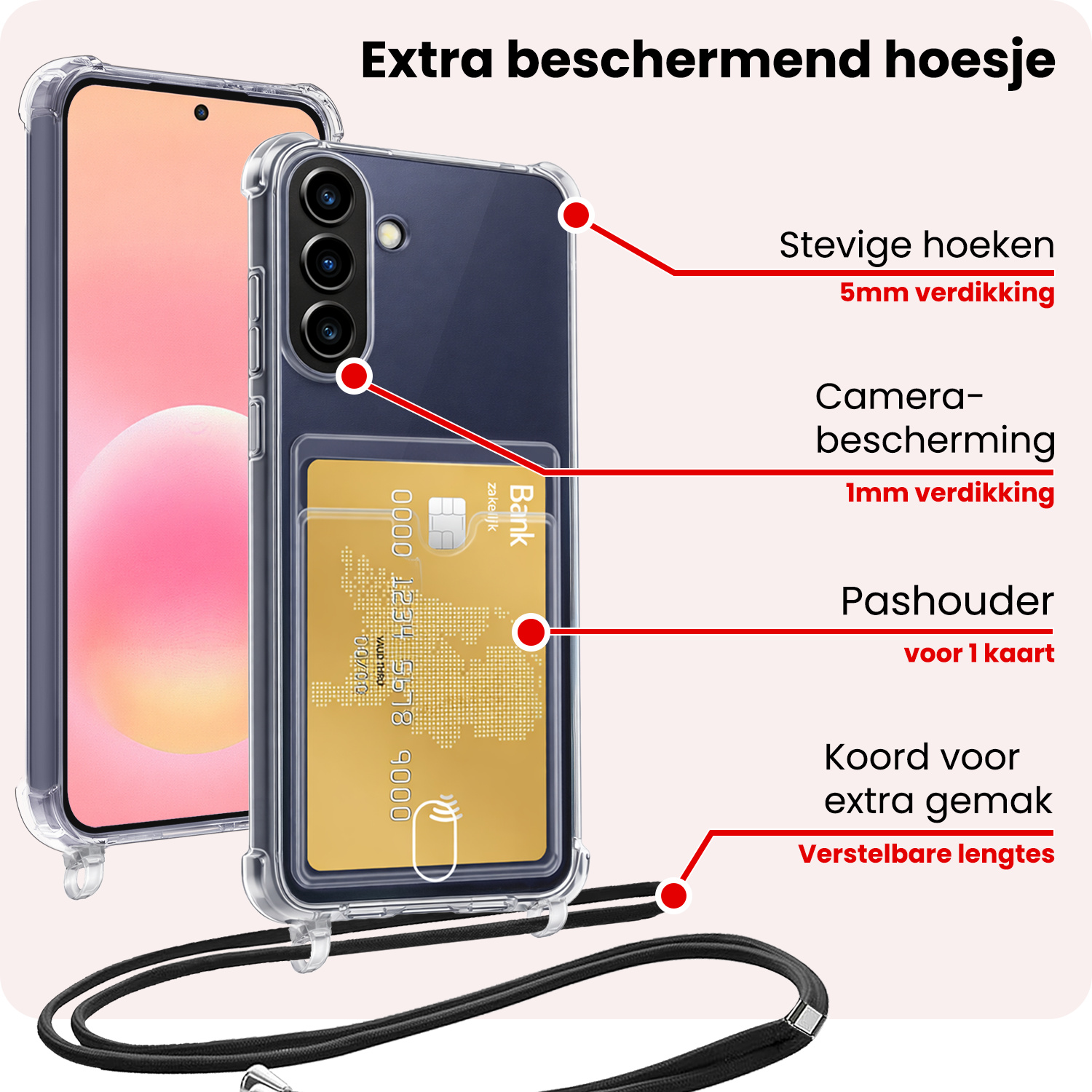 NoXx NoXx Samsung Galaxy A57 Hoesje Pashouder met Koord Met Screenprotector