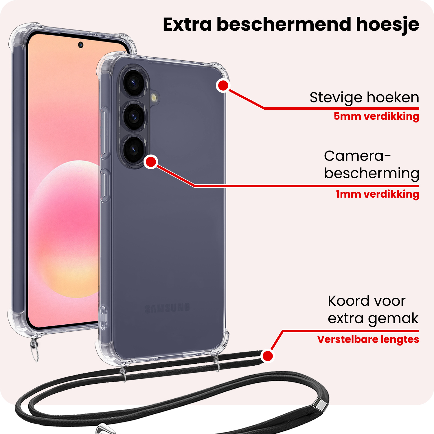 NoXx NoXx Samsung Galaxy A57 Hoesje Transparant Shockproof Met Zwart Koord