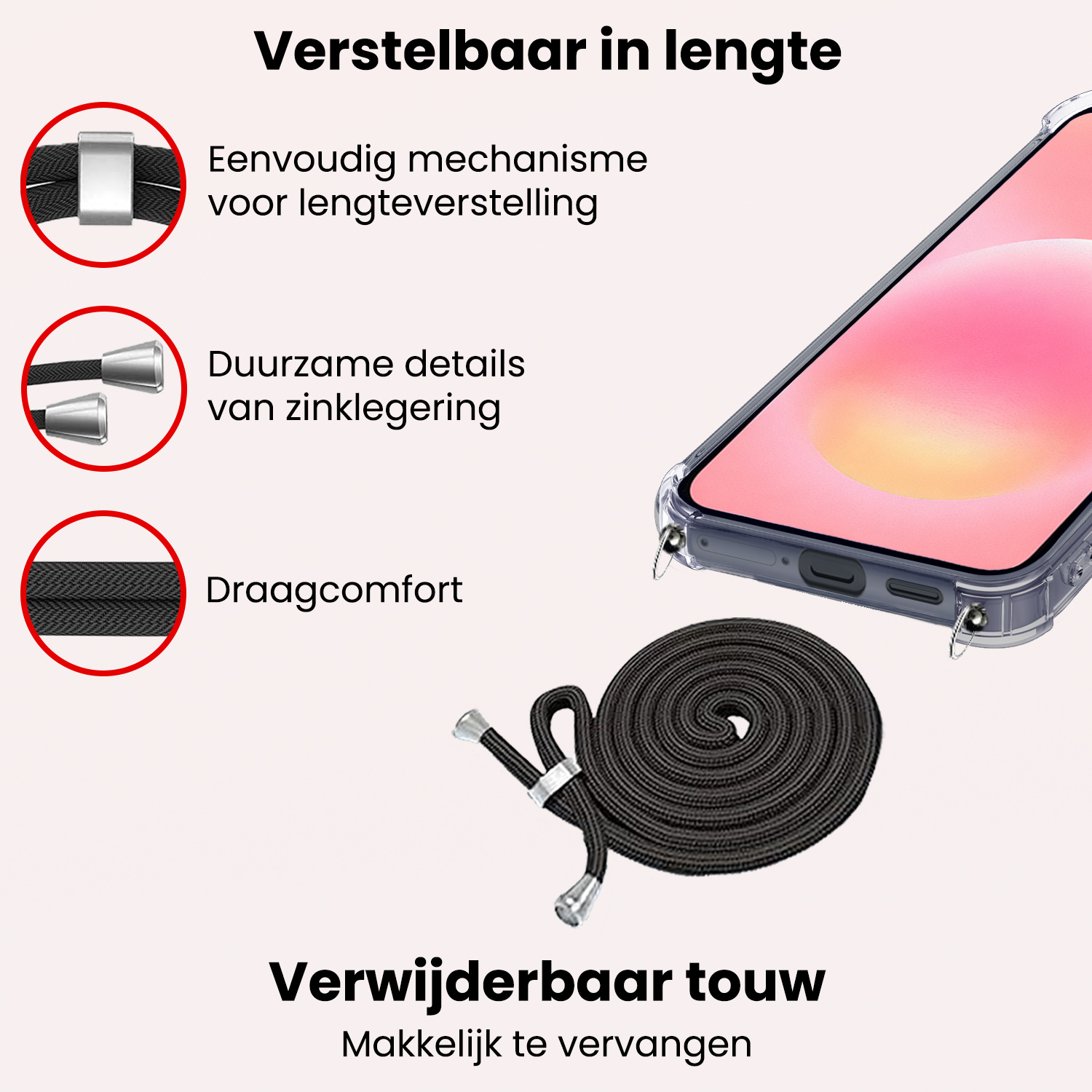 NoXx NoXx Samsung Galaxy A57 Hoesje Transparant Shockproof Met Zwart Koord