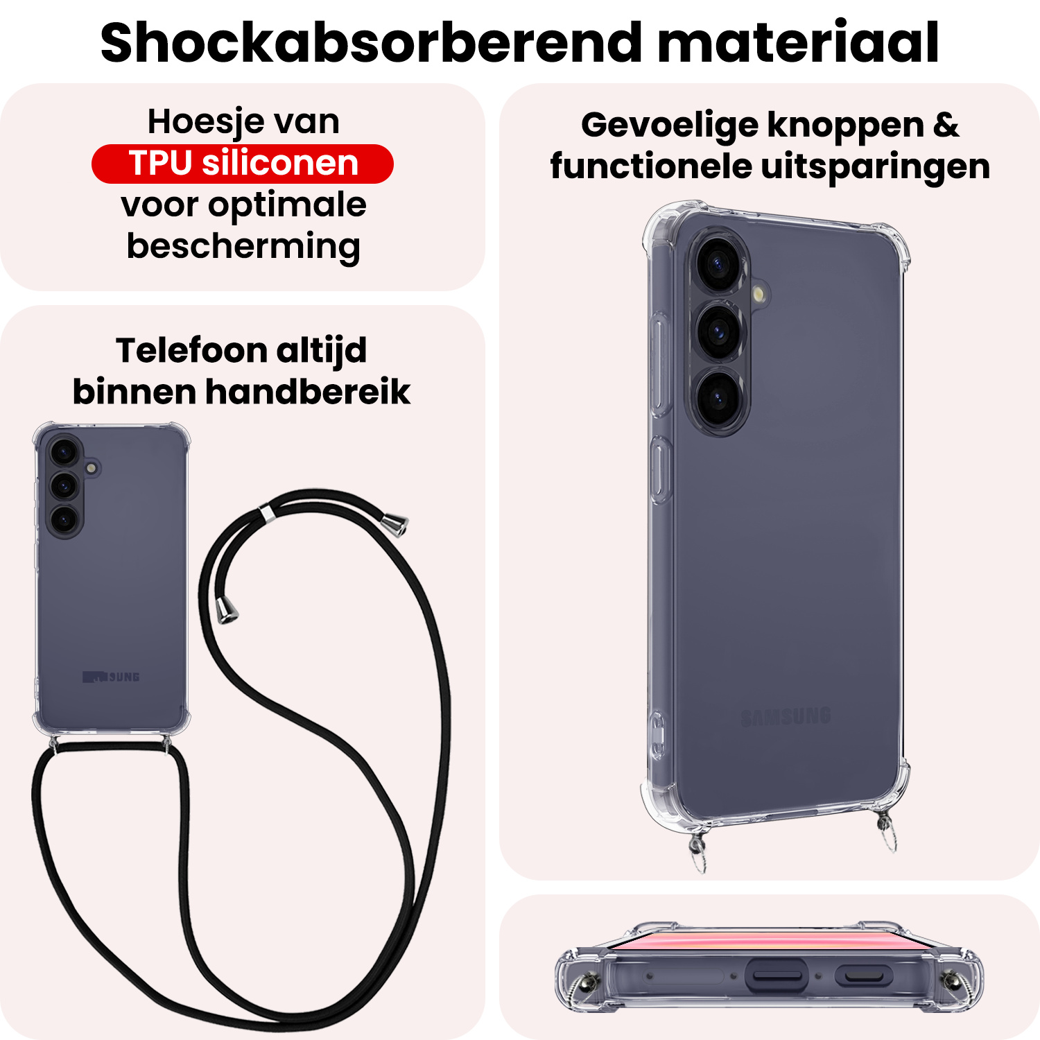 NoXx NoXx Samsung Galaxy A57 Hoesje Transparant Shockproof Met Zwart Koord